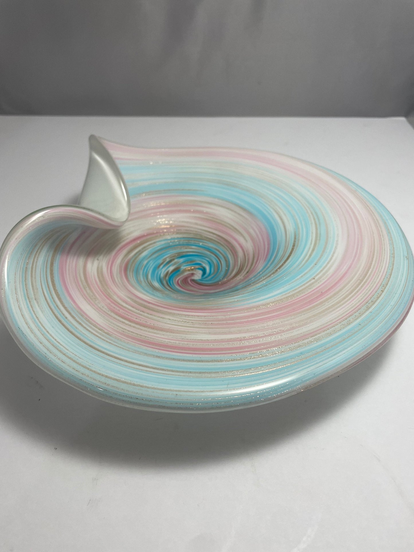 Vintage Blue, Pink, Brown, and White Cotton Candy Swirl Murano Glass Dish | Home Decor