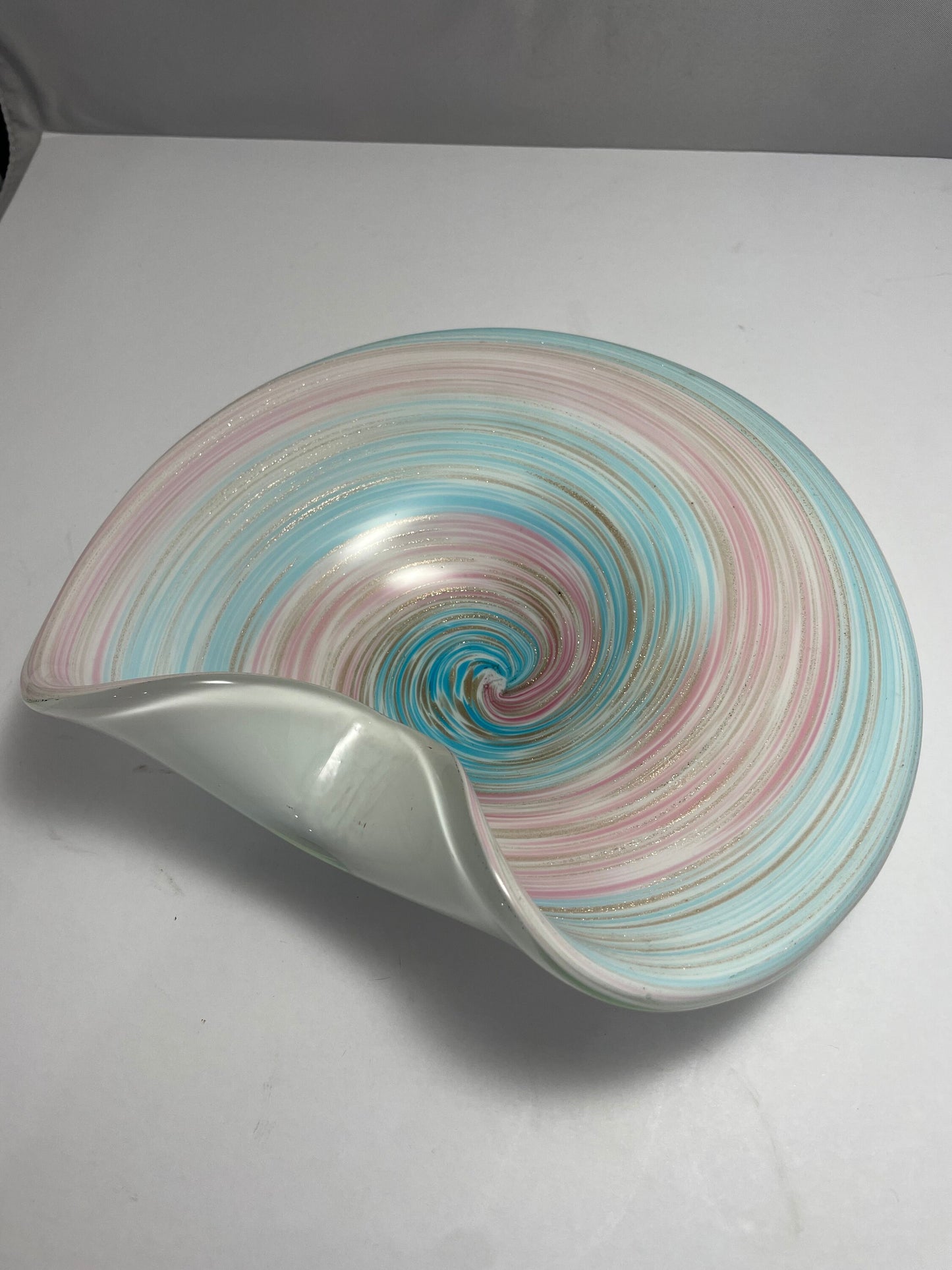 Vintage Blue, Pink, Brown, and White Cotton Candy Swirl Murano Glass Dish | Home Decor