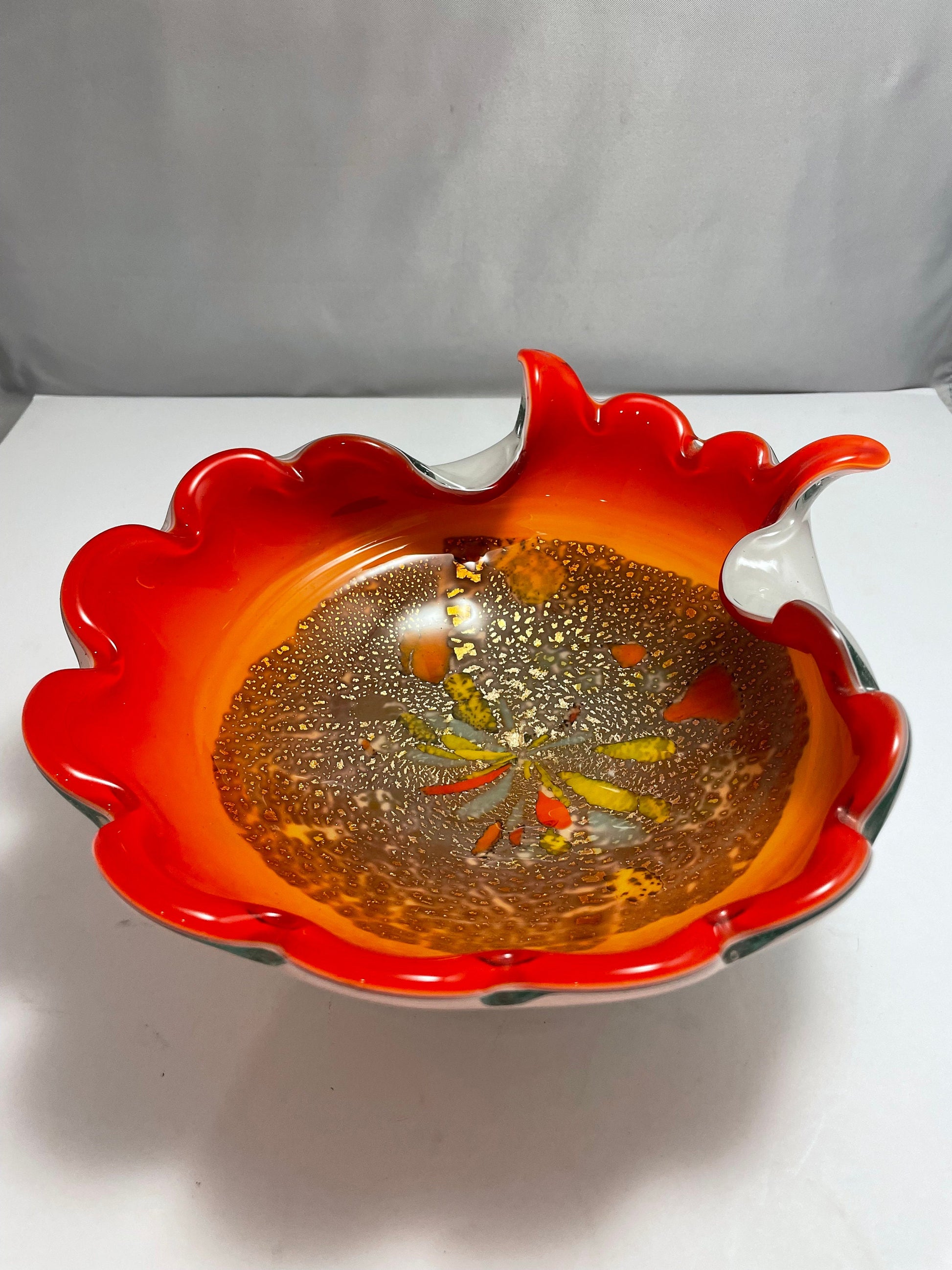 Mid Century Alfredo Barbini Venetian glass bowl, vibrant orange w/gold flecks throughout.