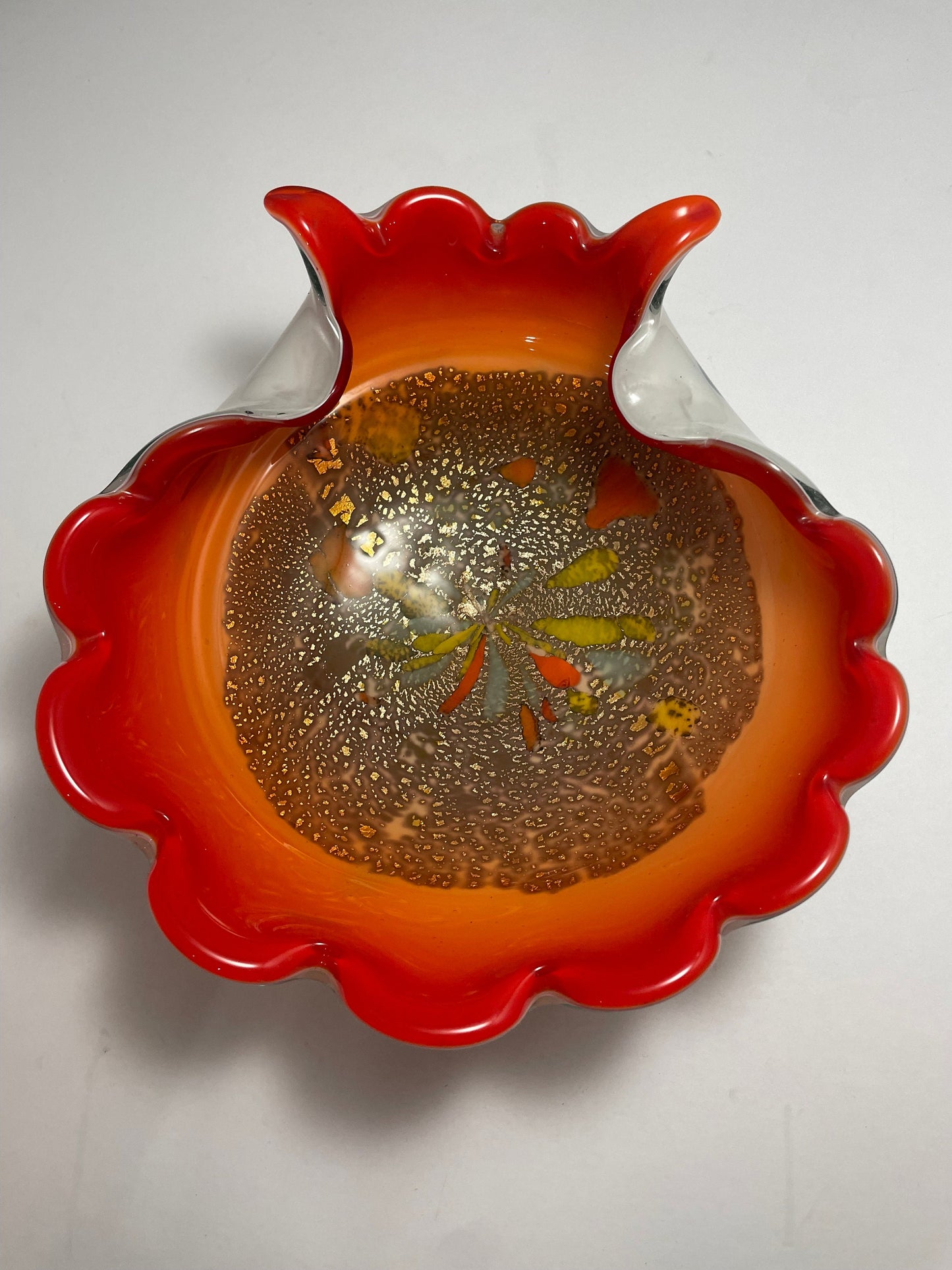 Mid Century Alfredo Barbini Venetian glass bowl, vibrant orange w/gold flecks throughout.