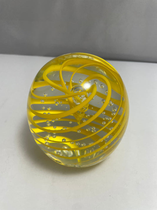 Vintage Murano Paperweight, Yellow White Swirl, Hand Blown Glass, Decorative Desk Art, Collectible