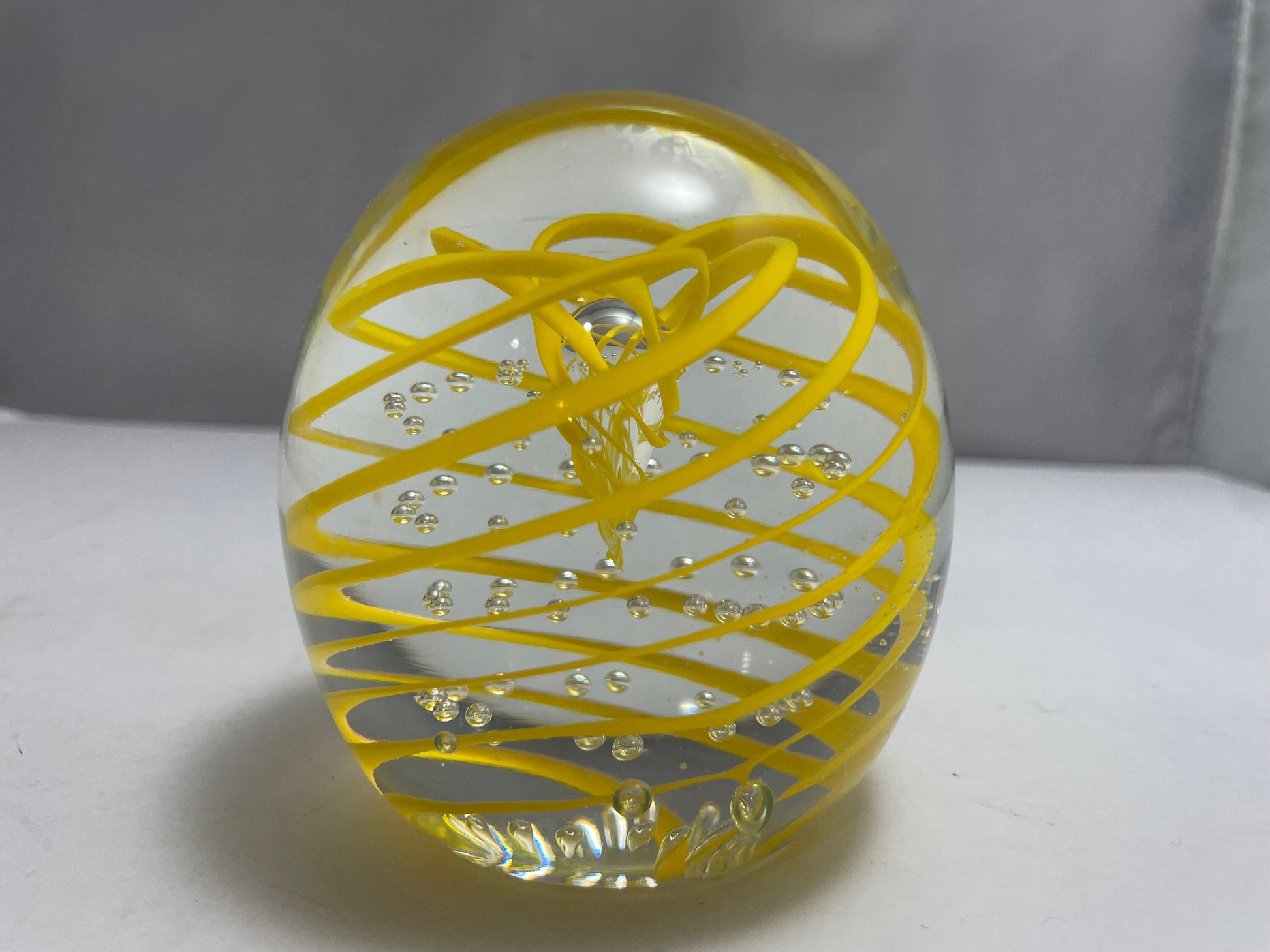 Vintage Murano Paperweight, Yellow White Swirl, Hand Blown Glass, Decorative Desk Art, Collectible