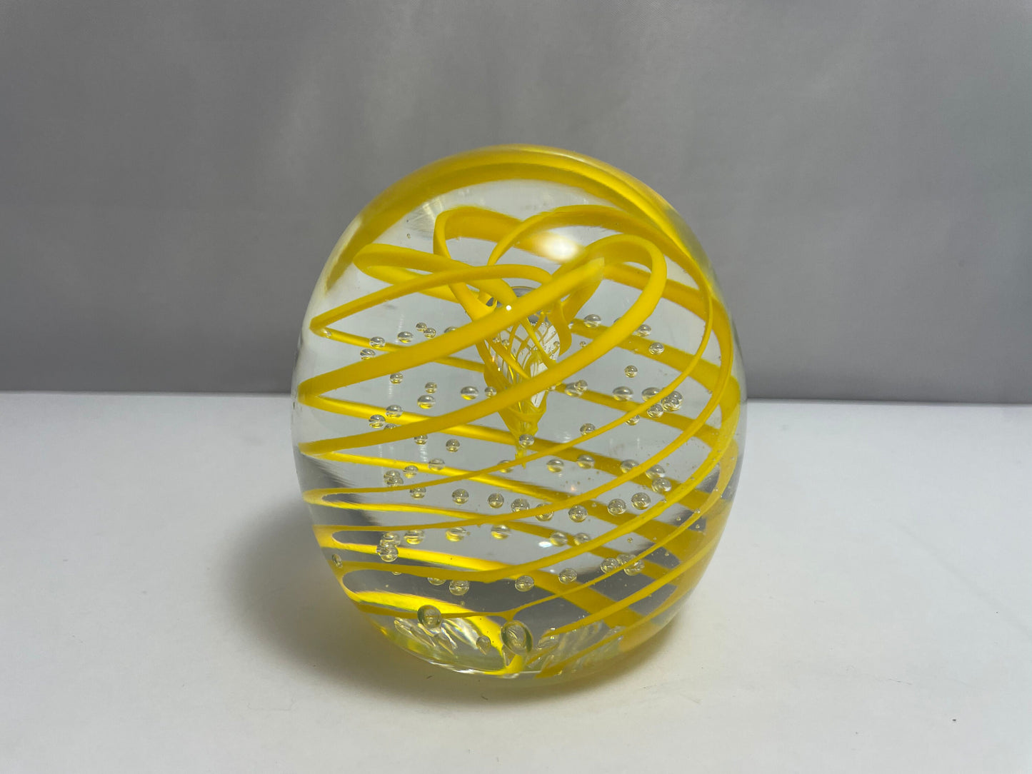 Vintage Murano Paperweight, Yellow White Swirl, Hand Blown Glass, Decorative Desk Art, Collectible