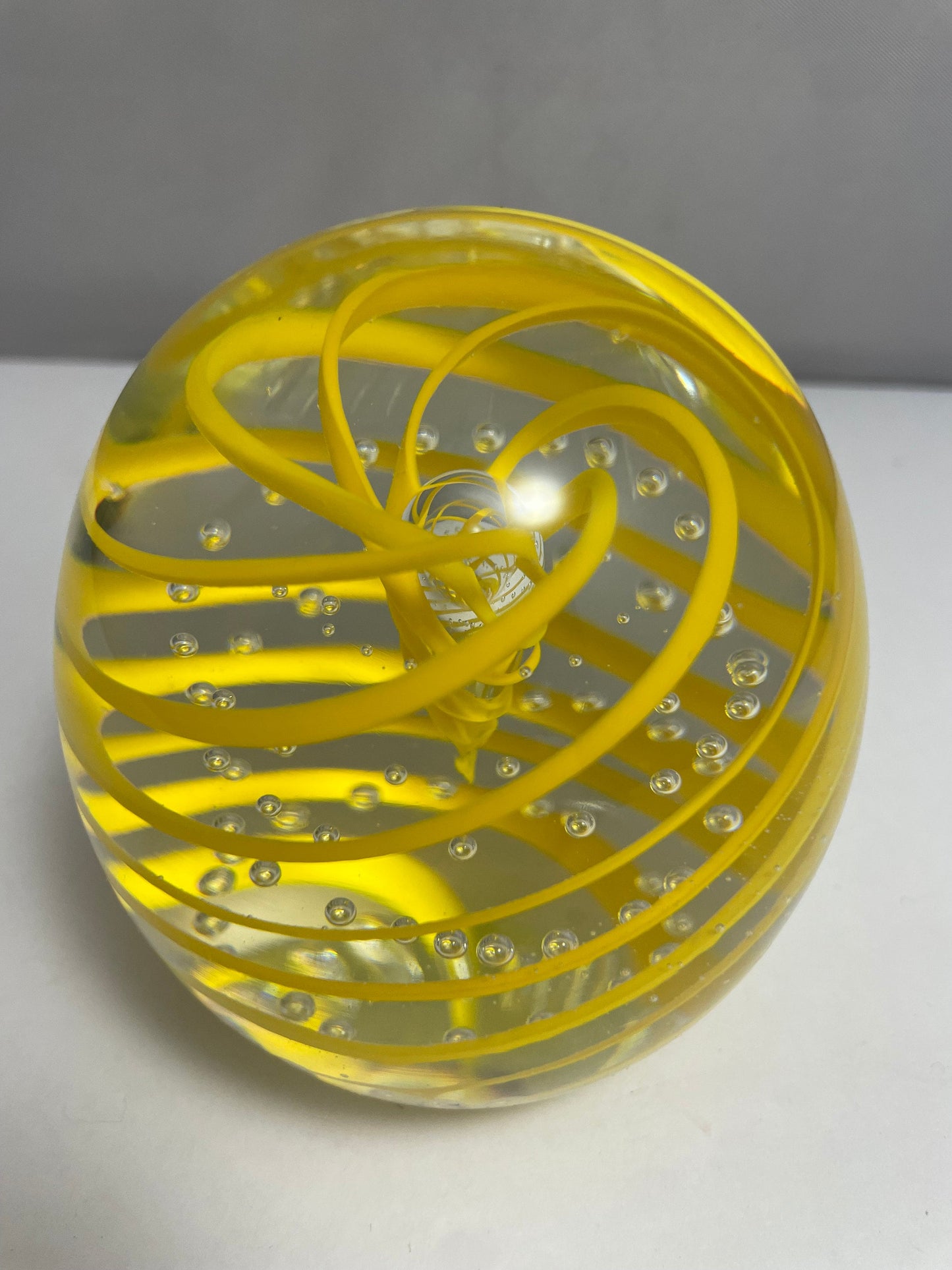 Vintage Murano Paperweight, Yellow White Swirl, Hand Blown Glass, Decorative Desk Art, Collectible