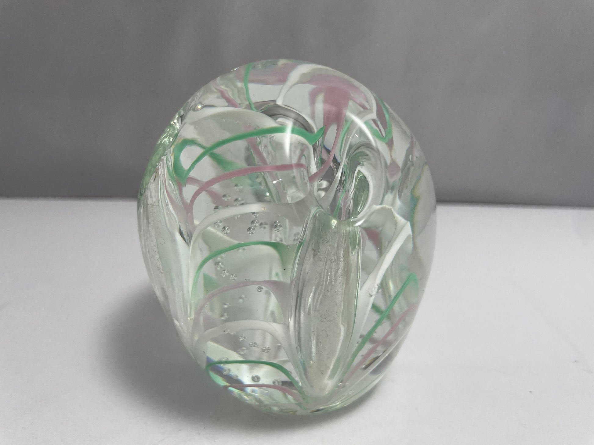 Vintage Murano Pink, Green, and White Uniquely Designed Paperweight
