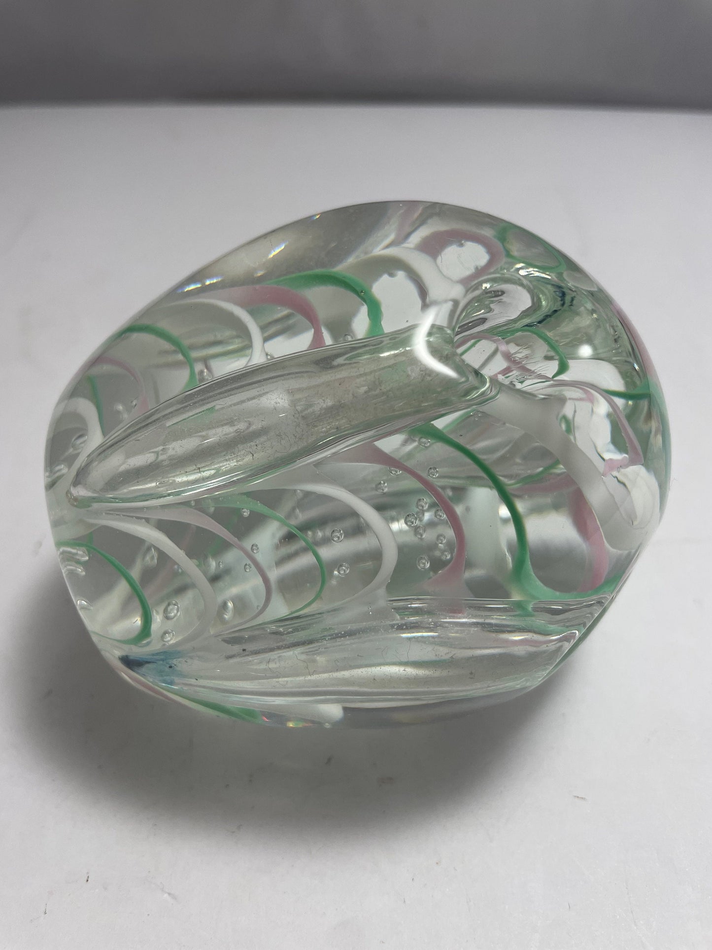 Vintage Murano Pink, Green, and White Uniquely Designed Paperweight
