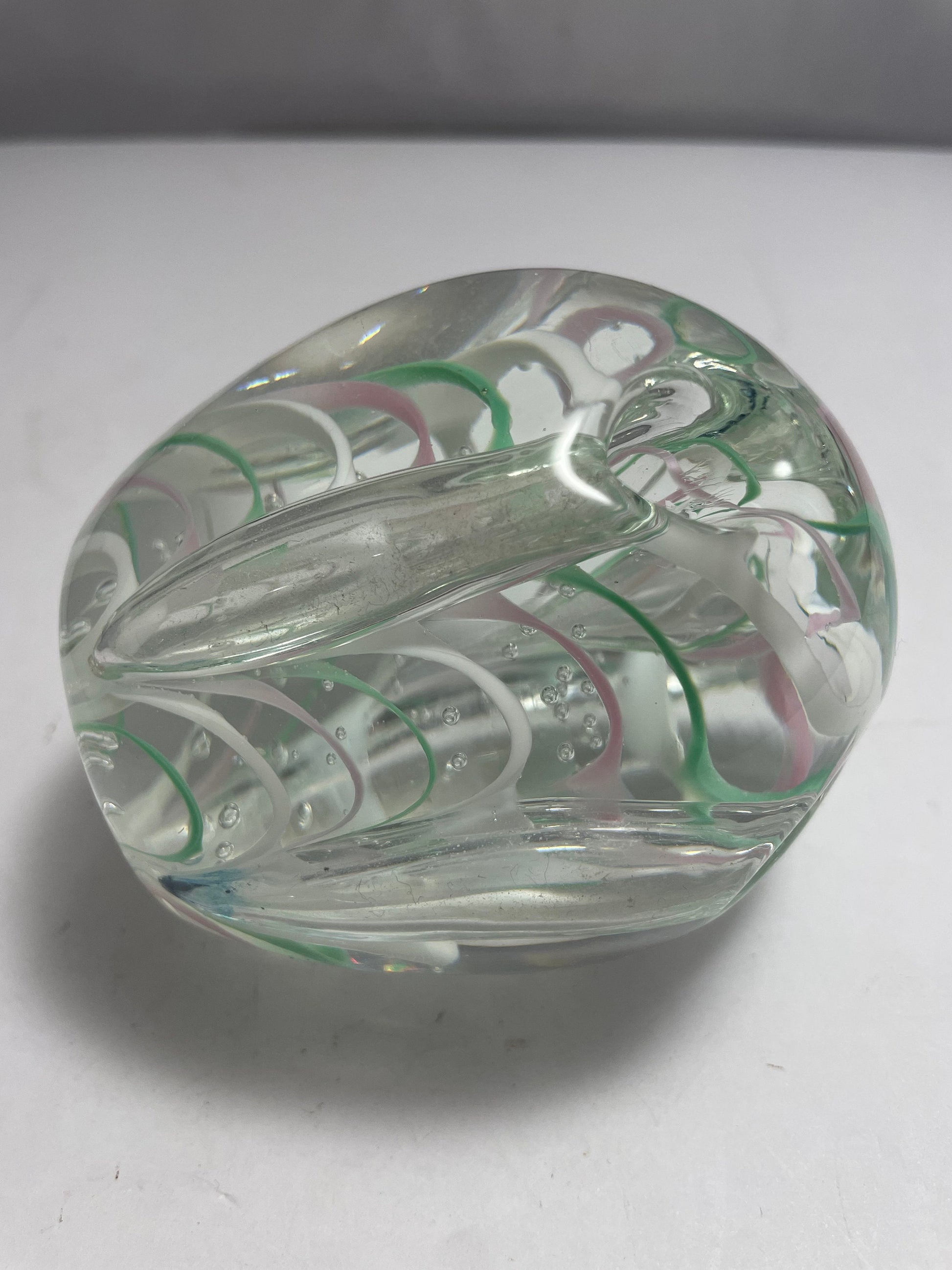 Vintage Murano Pink, Green, and White Uniquely Designed Paperweight