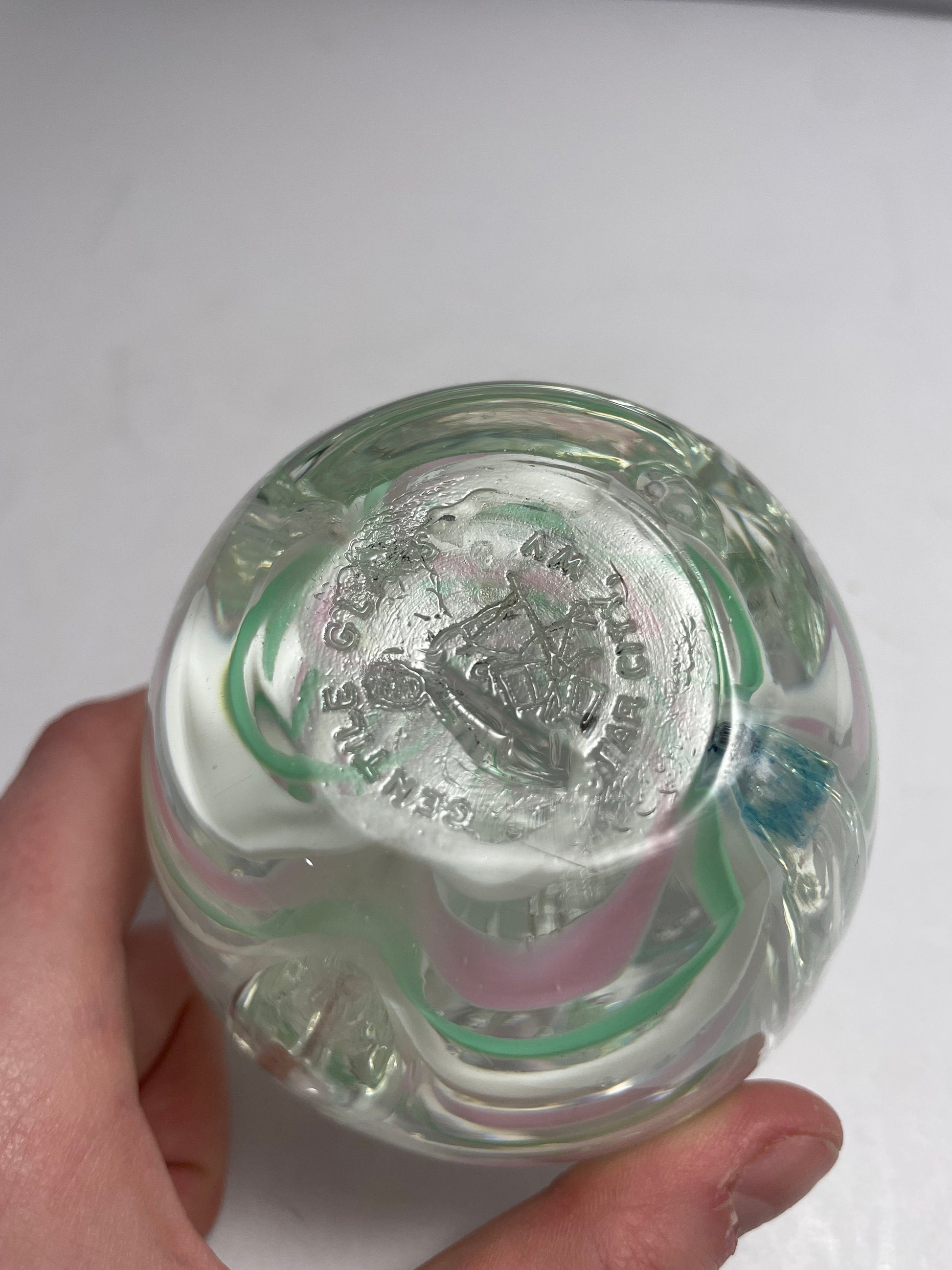 Vintage Murano Pink, Green, and White Uniquely Designed Paperweight