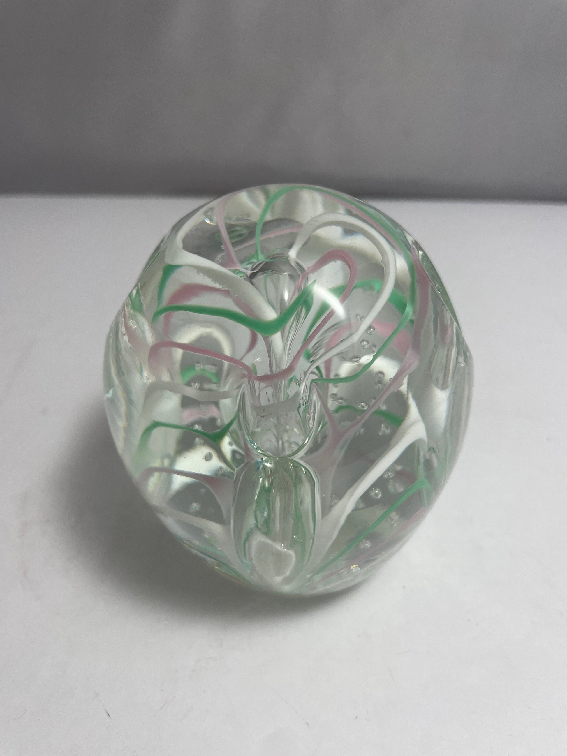 Vintage Murano Pink, Green, and White Uniquely Designed Paperweight