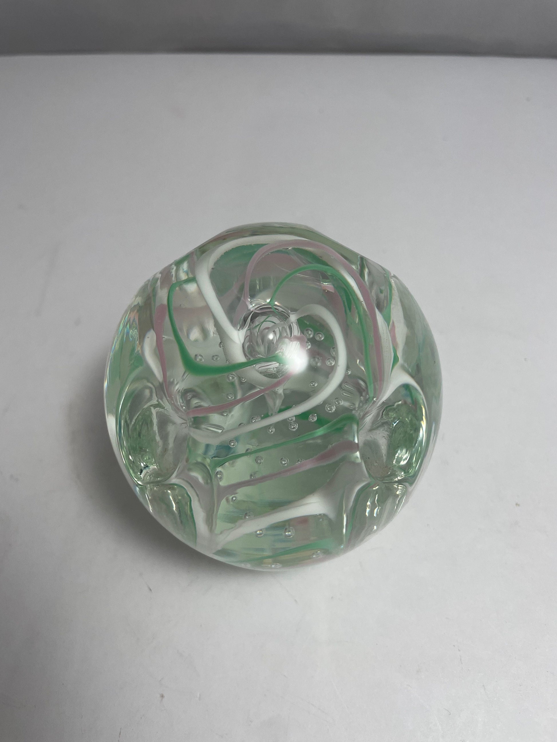 Vintage Murano Pink, Green, and White Uniquely Designed Paperweight