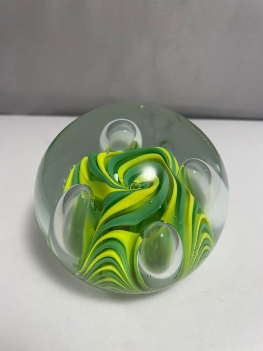 Vintage Murano Yellow and Green Swirl Paperweight