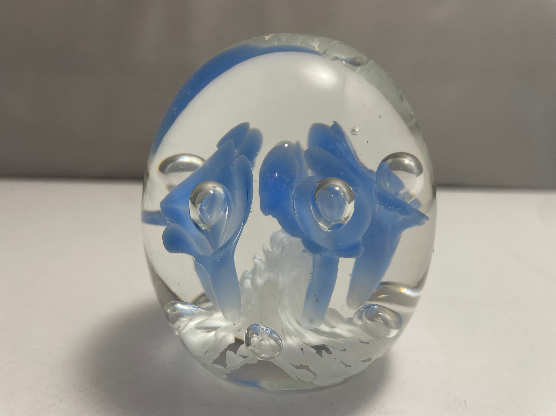 Vintage Joe Rice 1991 Blue and White Floral Paperweight St. Clair Glass Company