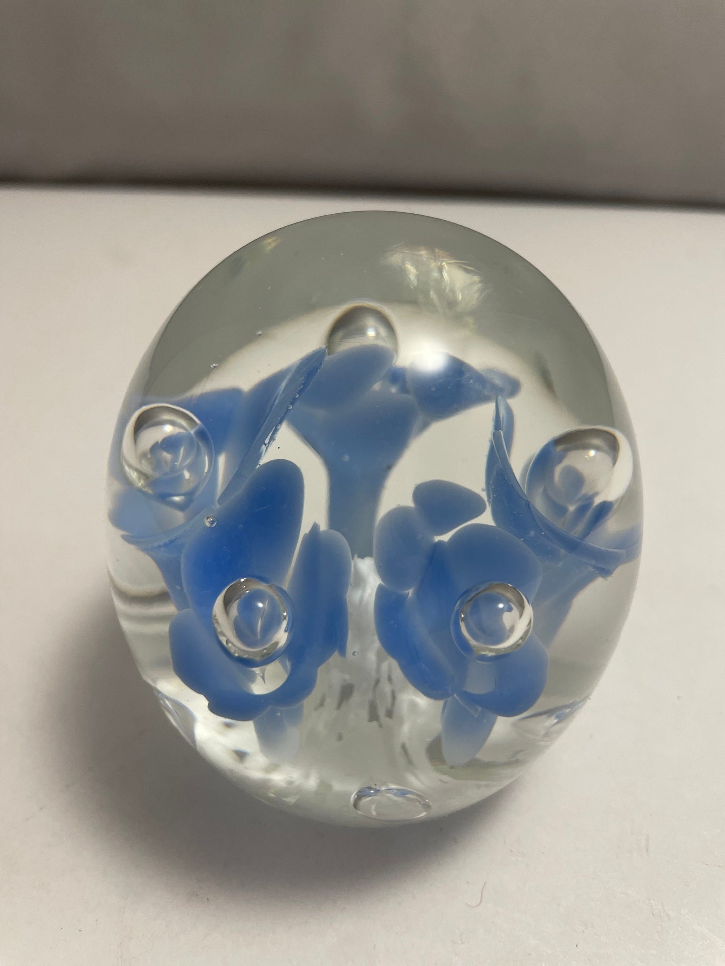 Vintage Joe Rice 1991 Blue and White Floral Paperweight St. Clair Glass Company