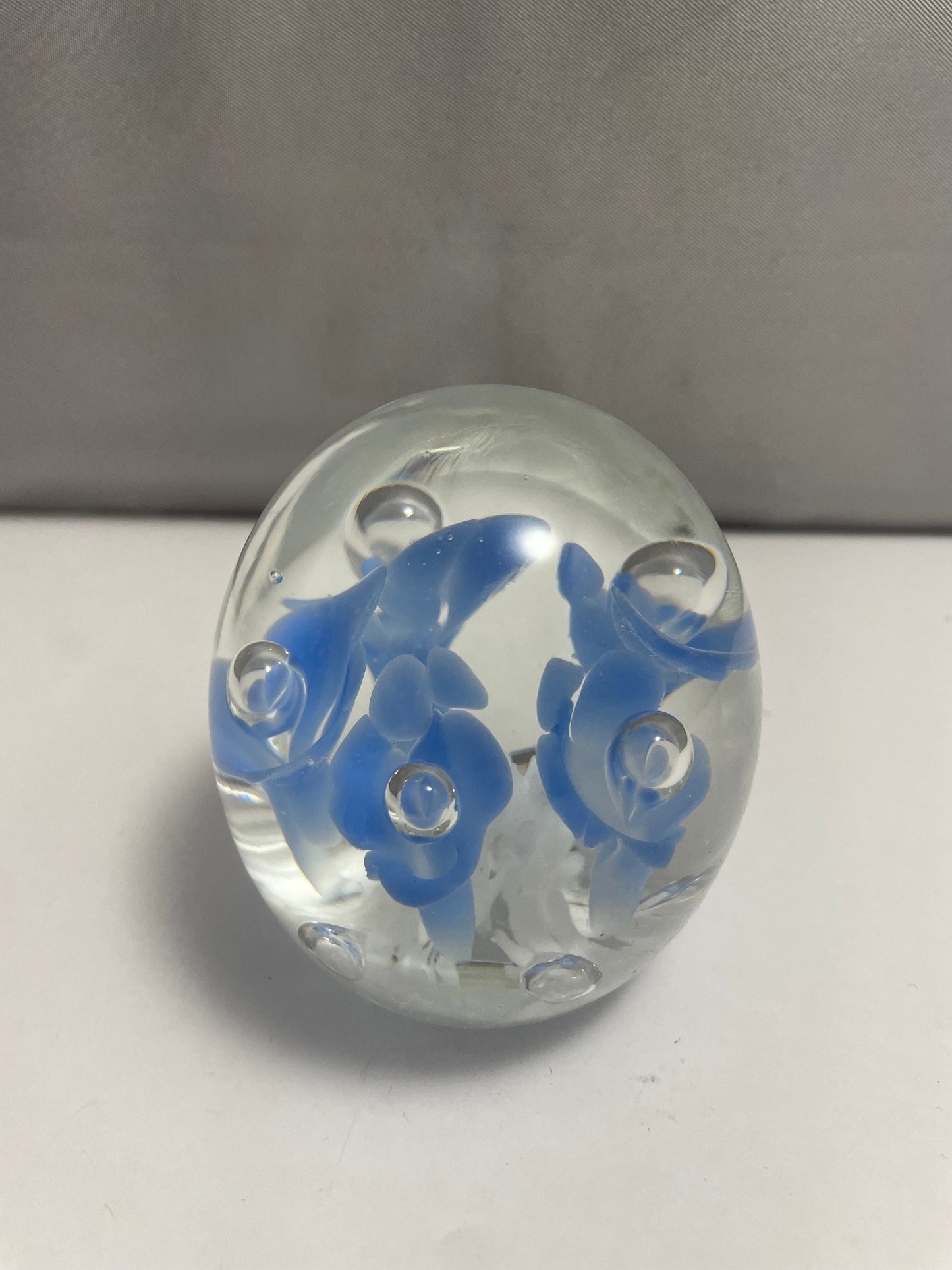 Vintage Joe Rice 1991 Blue and White Floral Paperweight St. Clair Glass Company