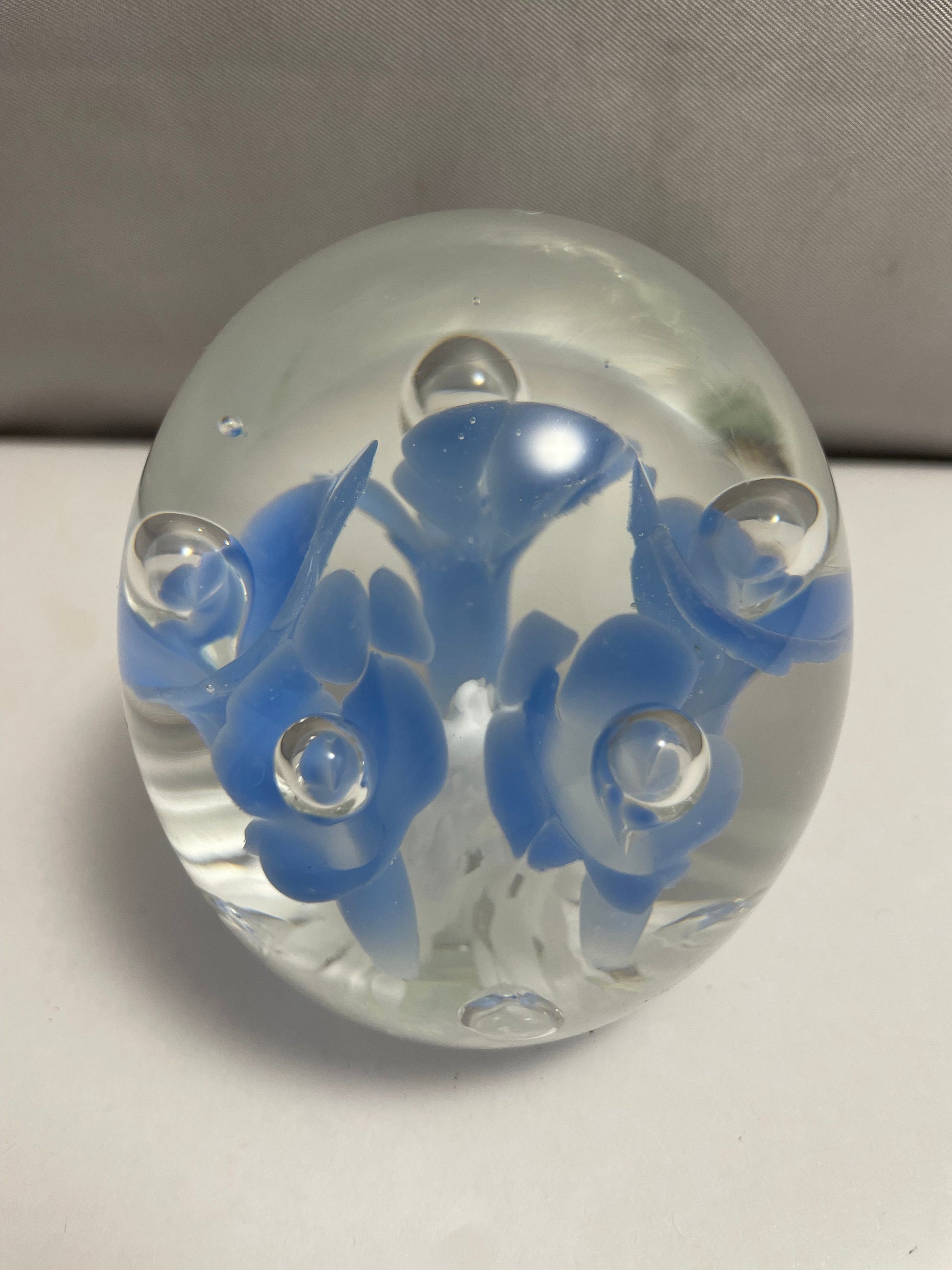 Vintage Joe Rice 1991 Blue and White Floral Paperweight St. Clair Glass Company