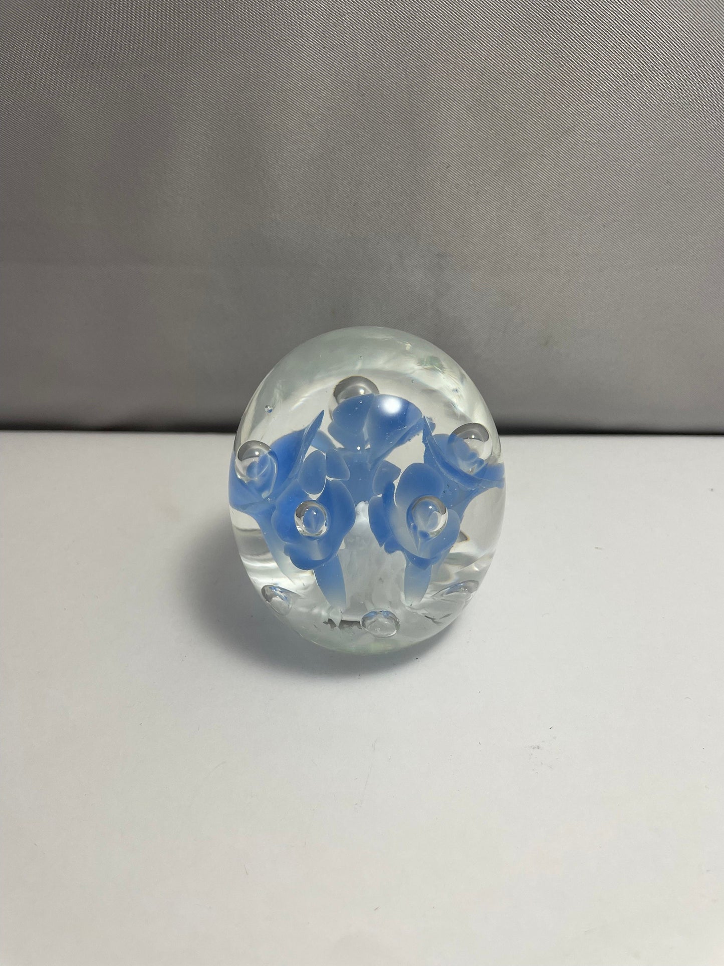 Vintage Joe Rice 1991 Blue and White Floral Paperweight St. Clair Glass Company