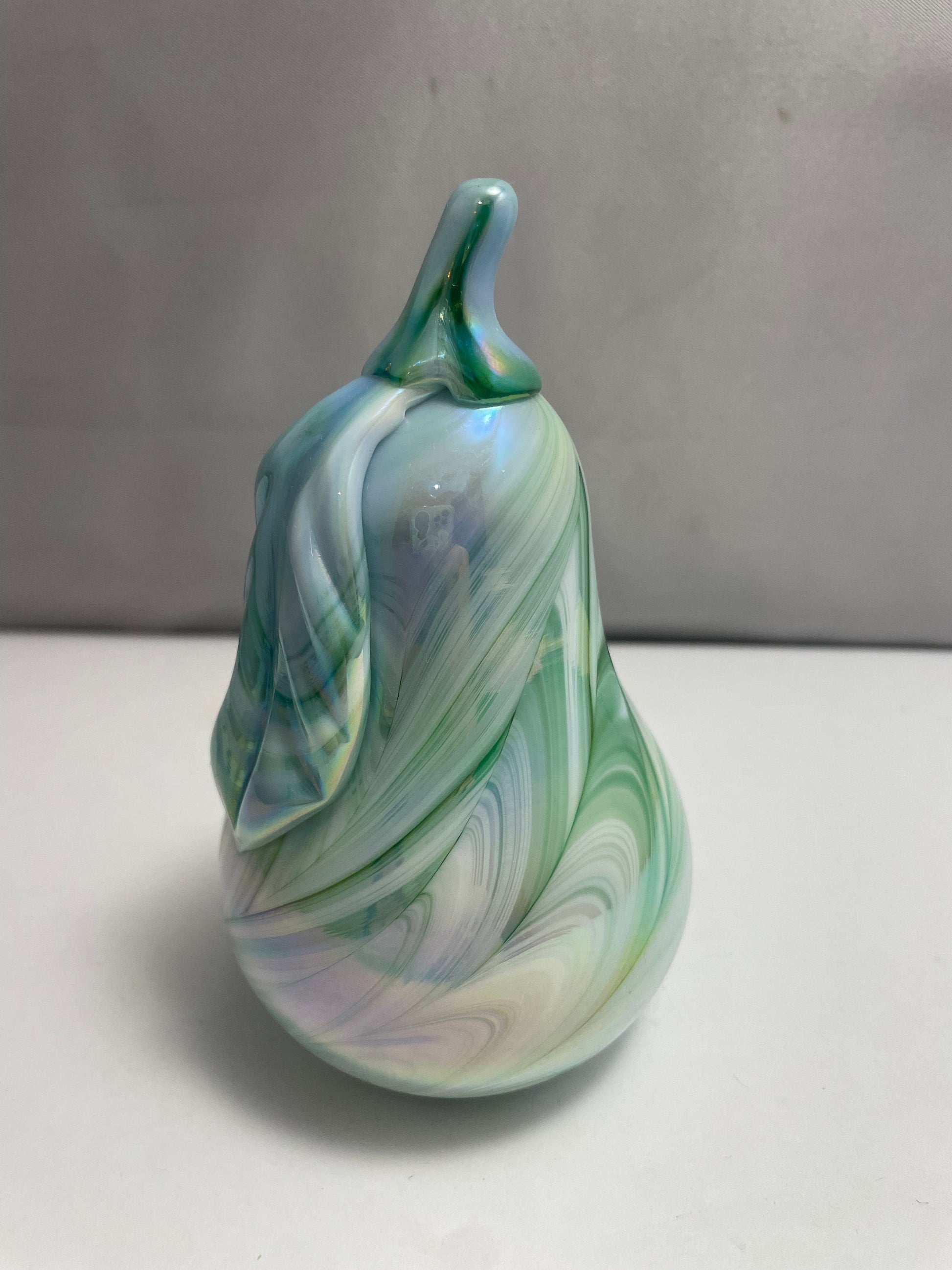 Vintage Green and White Iridescent Pear Shaped Rutlader Paperweight