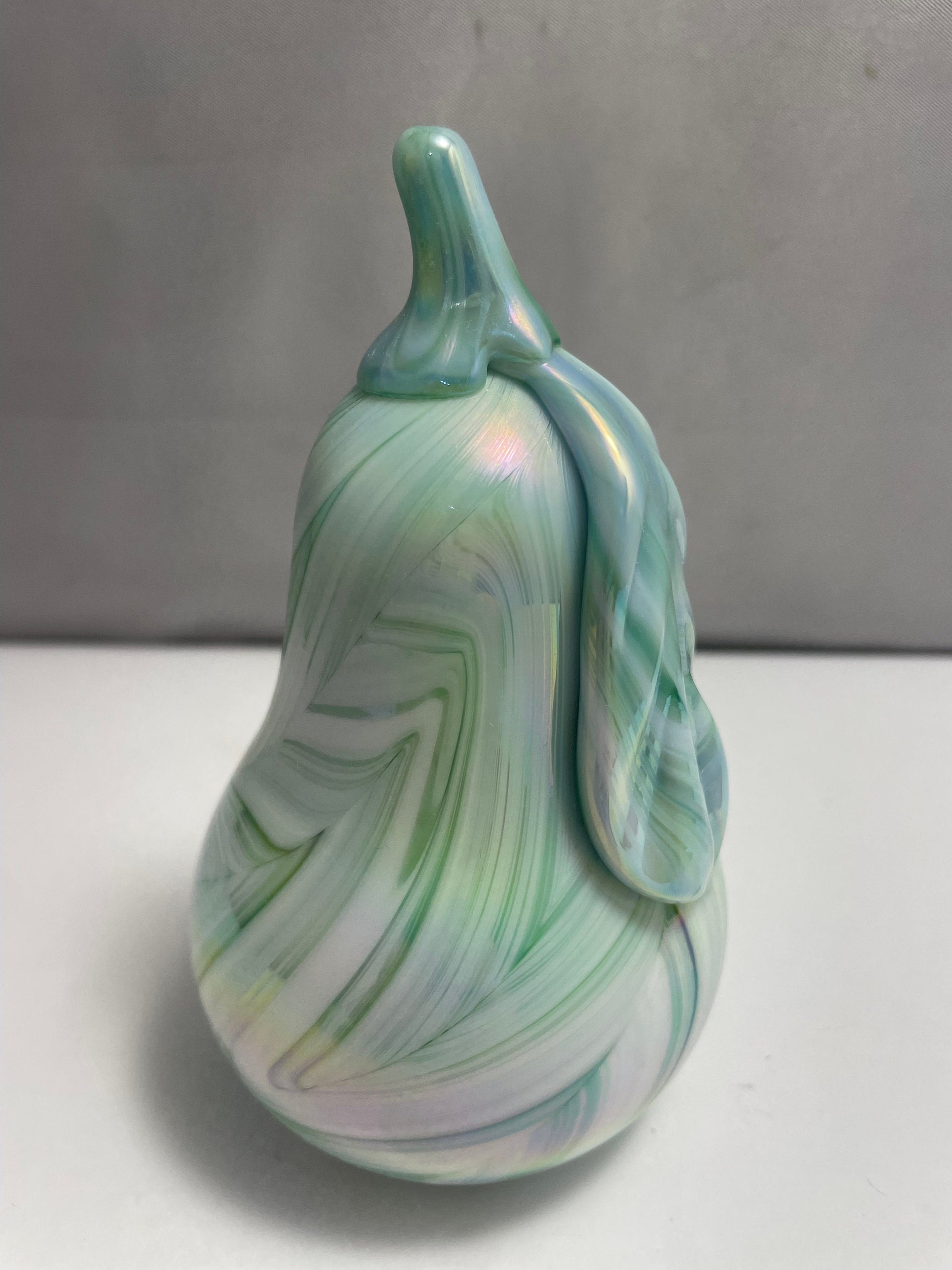 Vintage Green and White Iridescent Pear Shaped Rutlader Paperweight