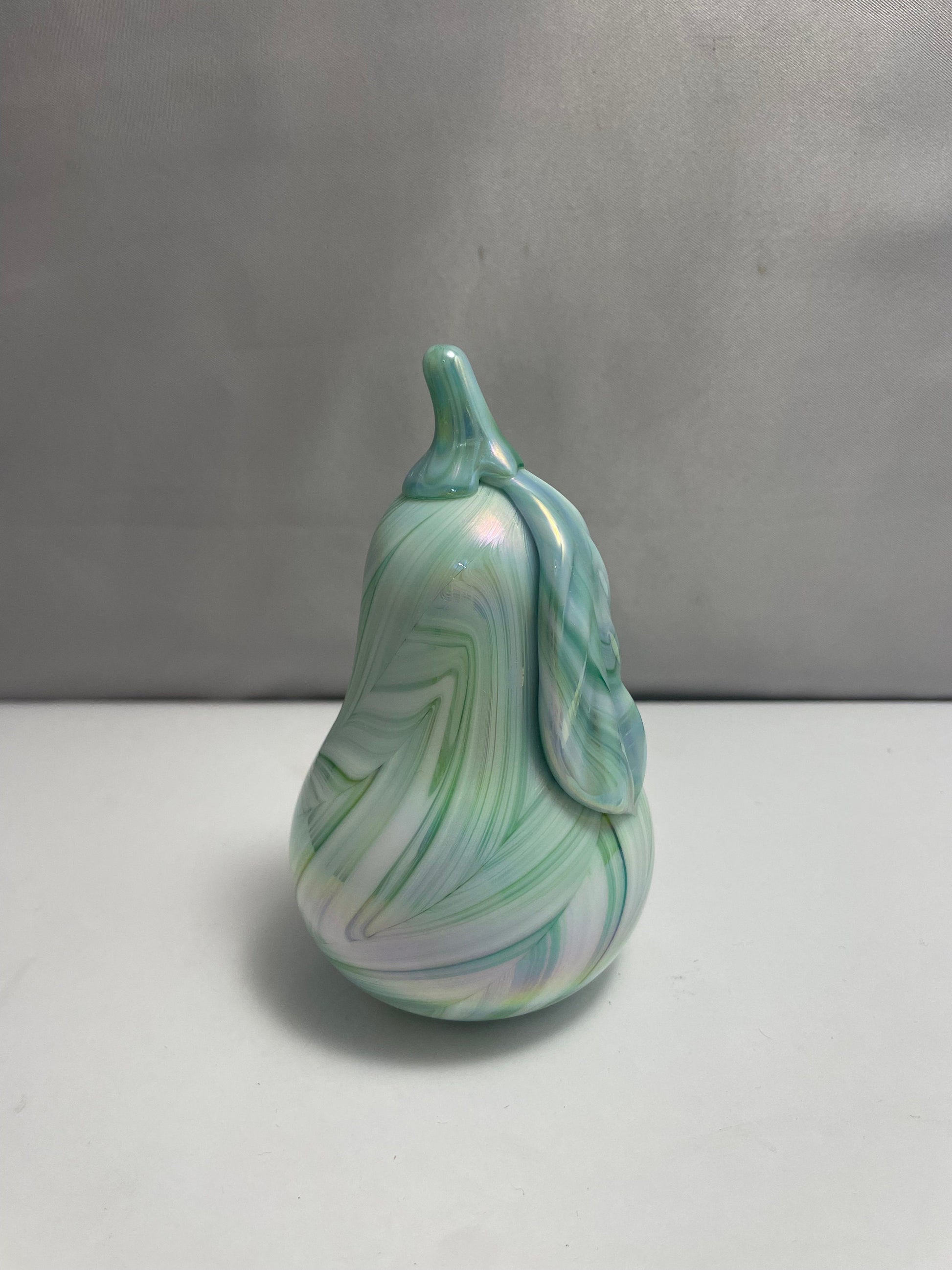 Vintage Green and White Iridescent Pear Shaped Rutlader Paperweight