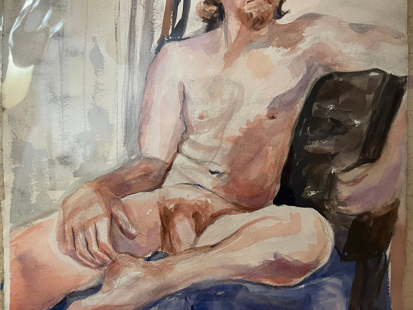 Early 80's Double Sided Male Nude Watercolor by Unidentified Artist