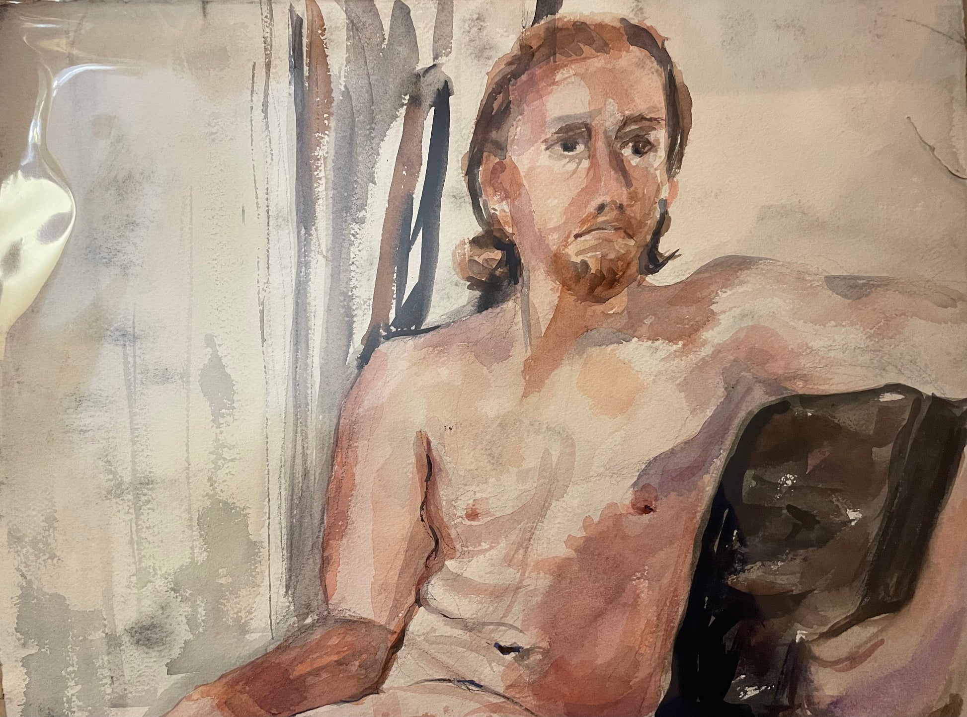 Early 80's Double Sided Male Nude Watercolor by Unidentified Artist