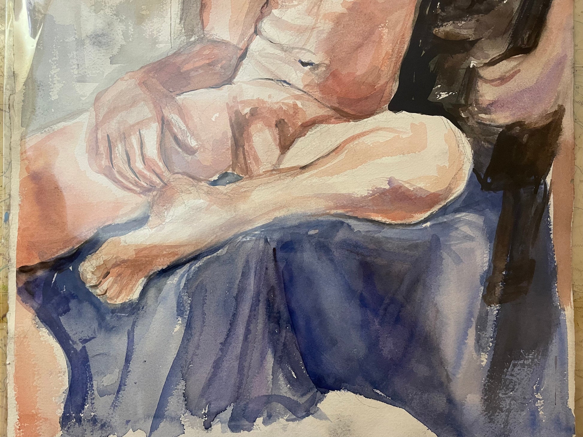 Early 80's Double Sided Male Nude Watercolor by Unidentified Artist