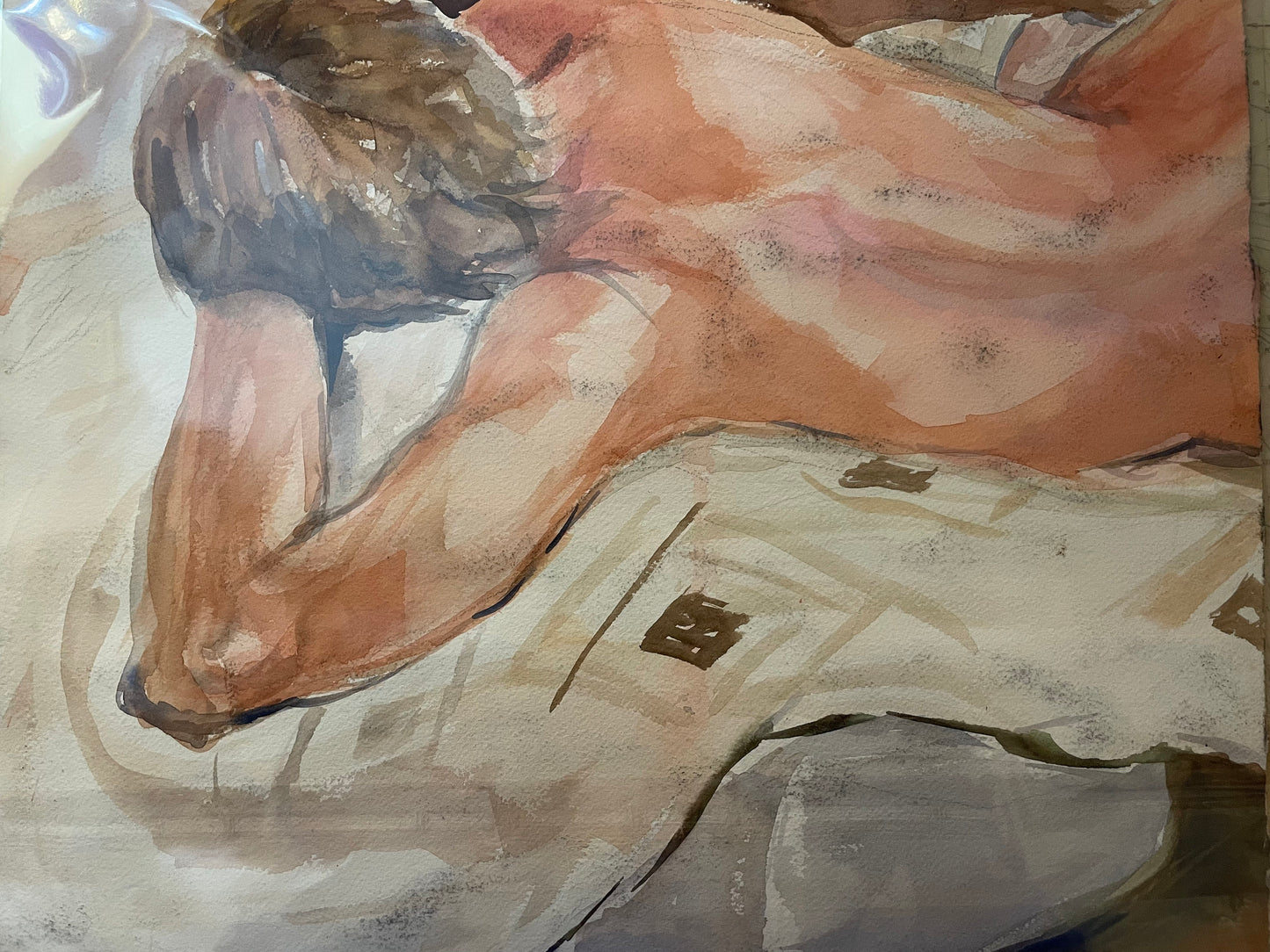 Early 80's Double Sided Male Nude Watercolor by Unidentified Artist