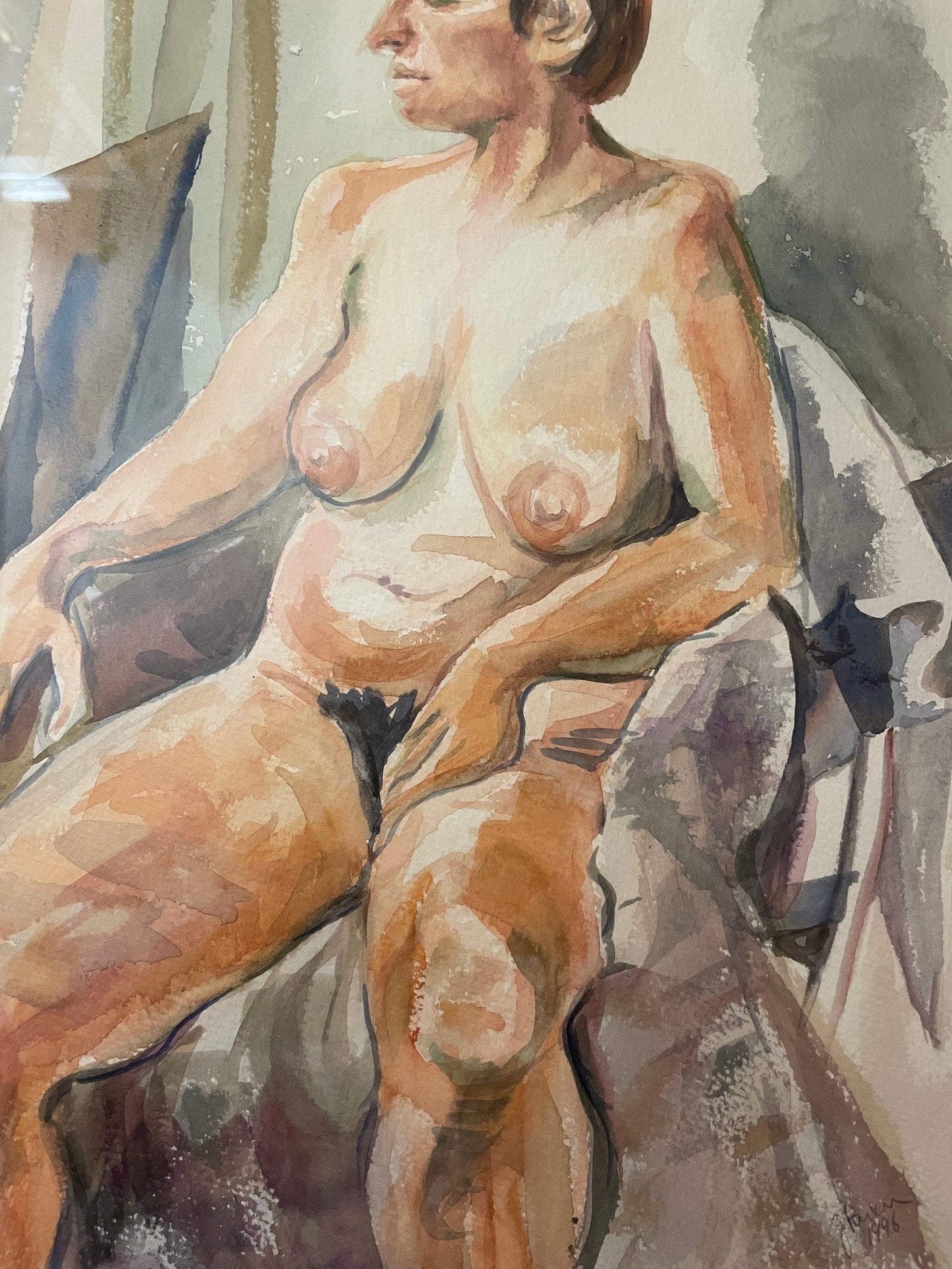 Framed Early 80's Female Nude Watercolor by Unidentified Artist