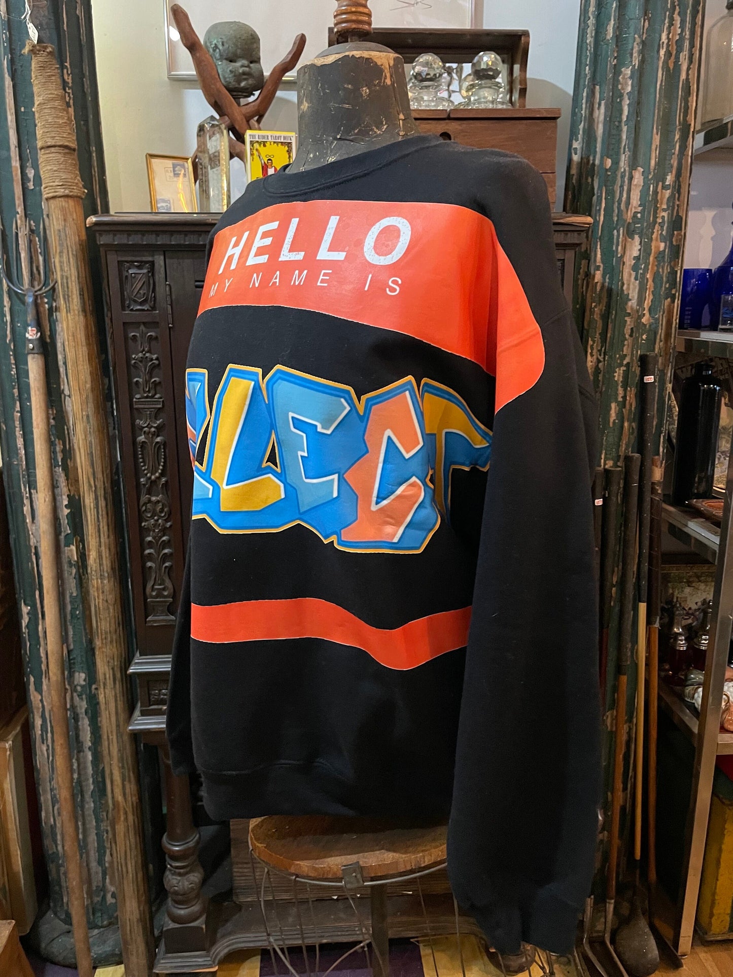 Collect Crewneck Sweatshirt with 'Hello My Name is' and 'Collect' Graphics