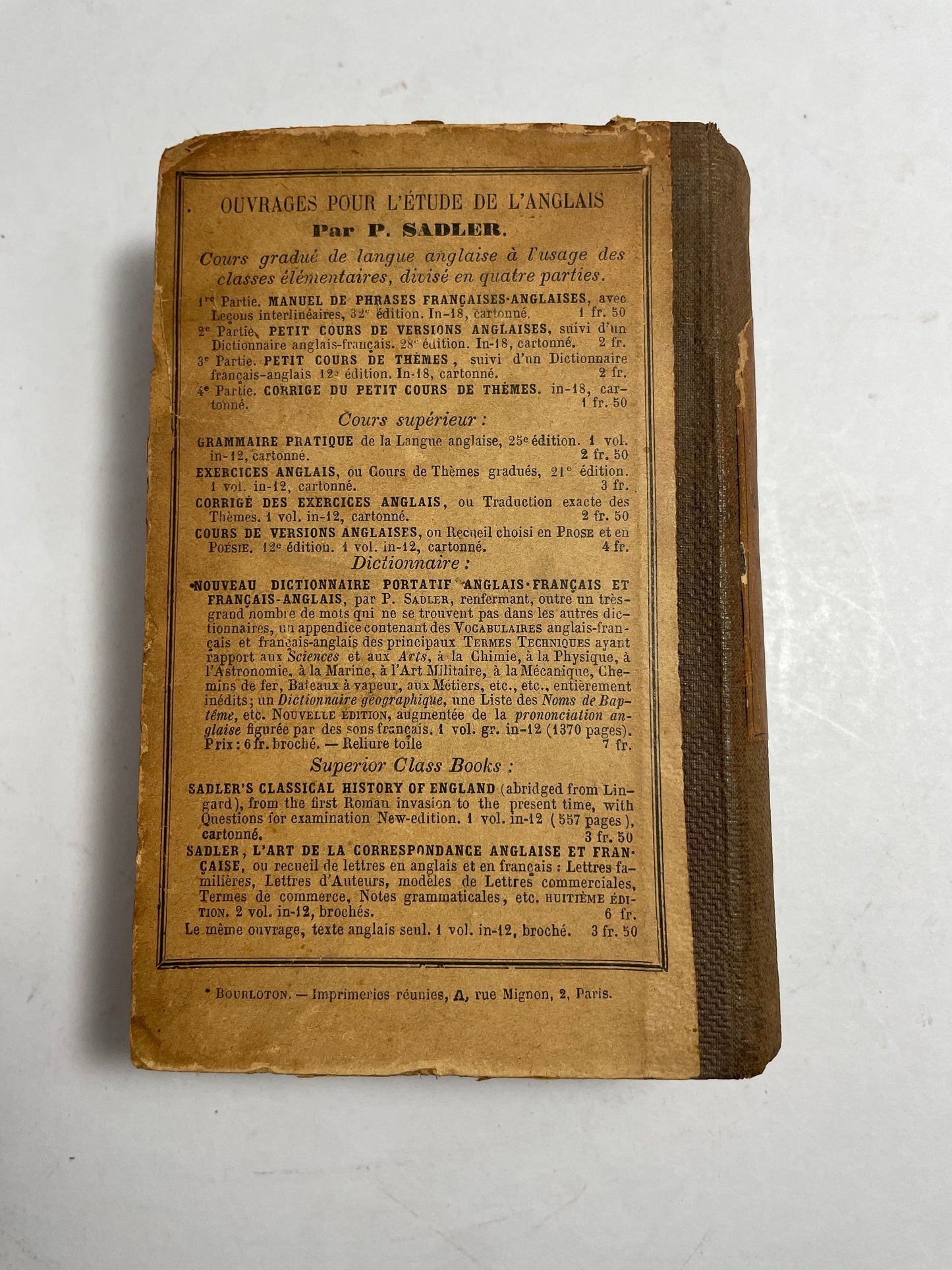 P. Sadler. Manuel Classique de Conversations Françaises et Anglaises, Translation Book, Common Phrases Book, 1800's Manual Book