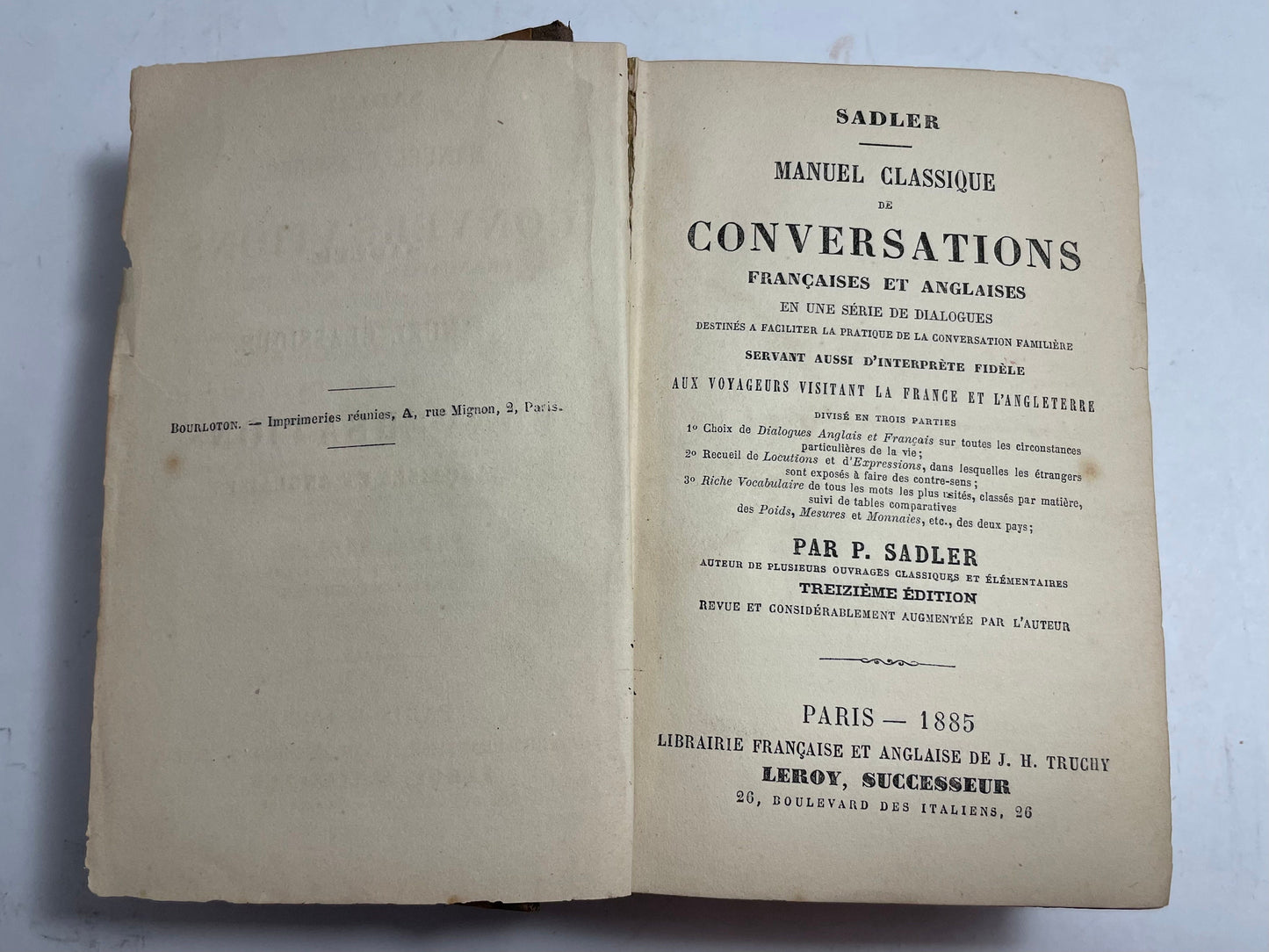 P. Sadler. Manuel Classique de Conversations Françaises et Anglaises, Translation Book, Common Phrases Book, 1800's Manual Book