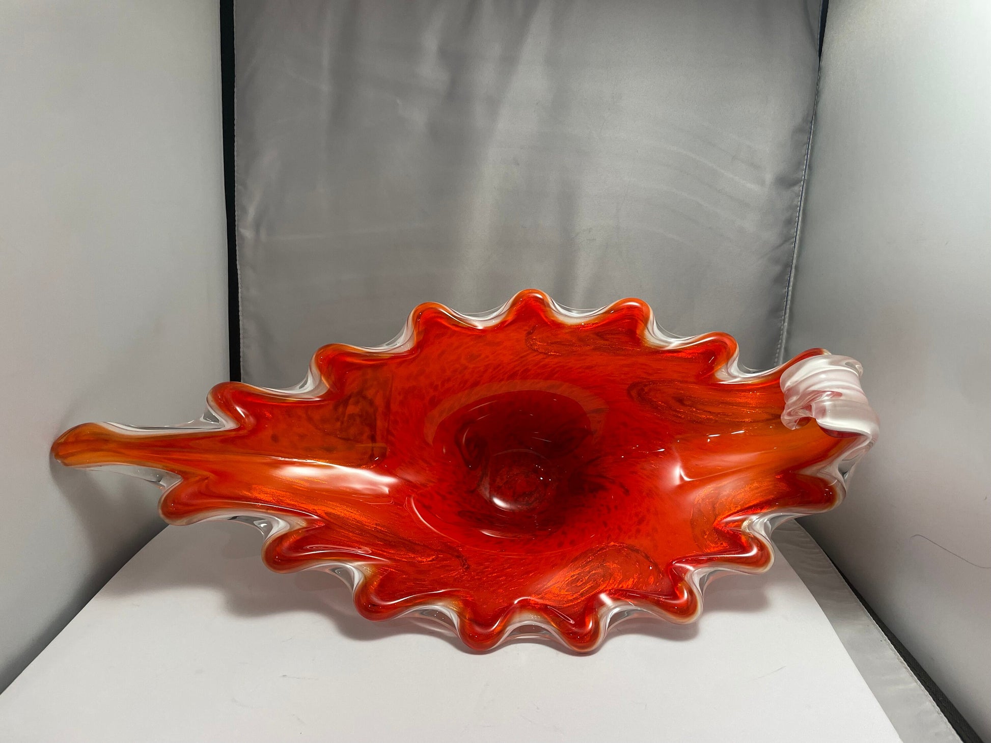 Fratelli Toso Venetian Mid Century Glass Vessel, Vibrant Orange,red & Swirls of Gold Dust - - Murano Dish Italian Glass - On Sale