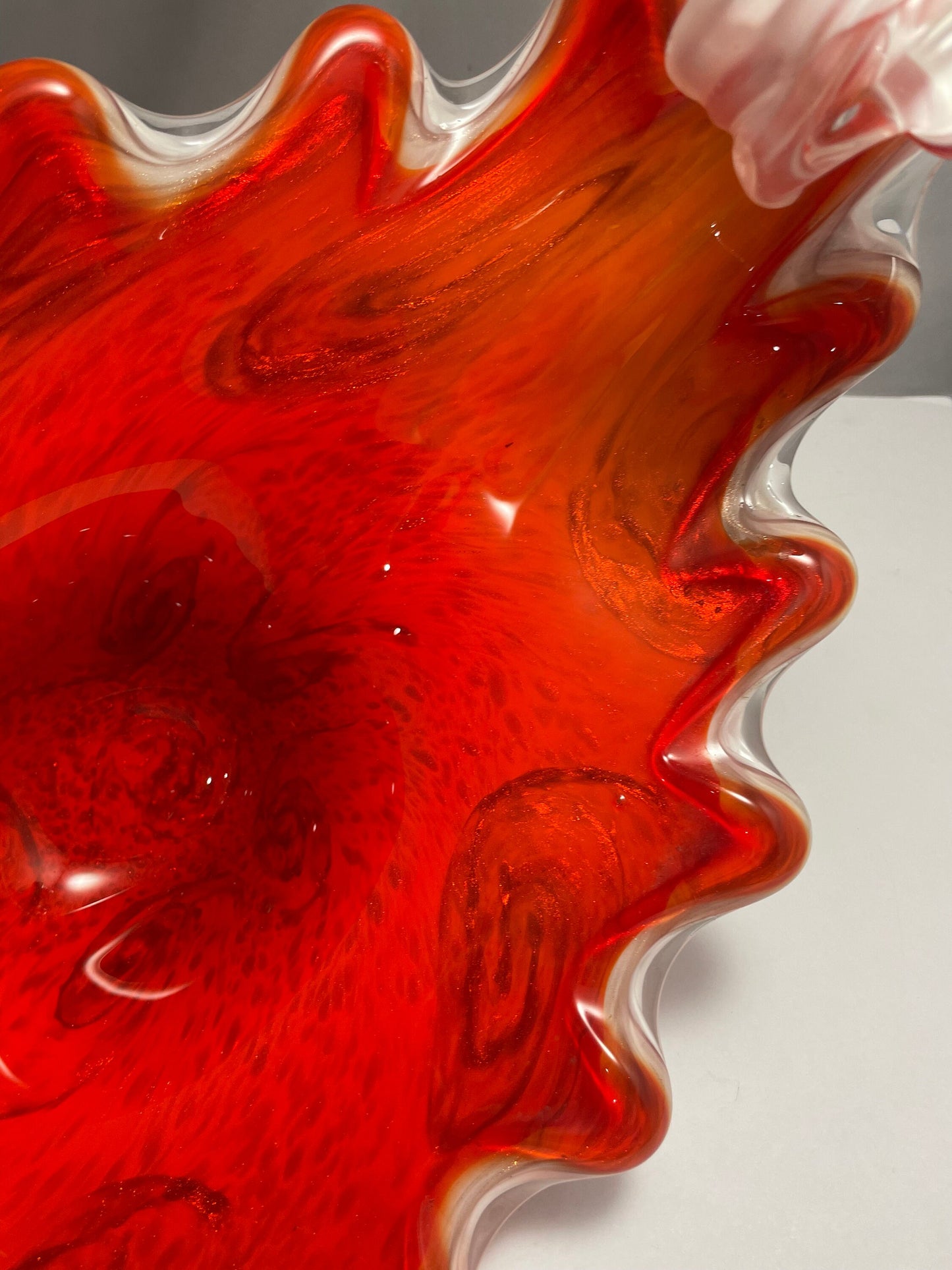 Fratelli Toso Venetian Mid Century Glass Vessel, Vibrant Orange,red & Swirls of Gold Dust - - Murano Dish Italian Glass - On Sale