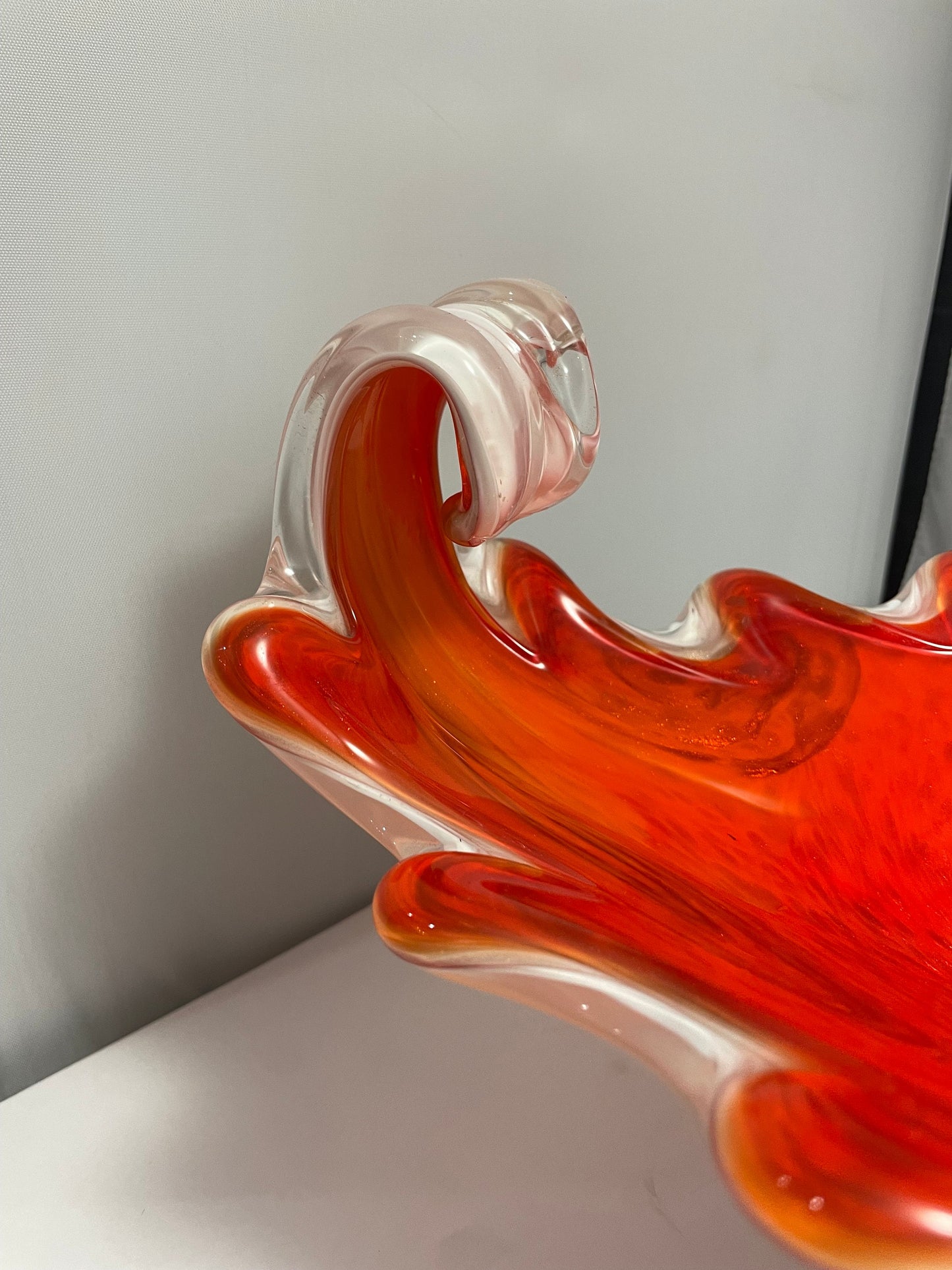 Fratelli Toso Venetian Mid Century Glass Vessel, Vibrant Orange,red & Swirls of Gold Dust - - Murano Dish Italian Glass - On Sale