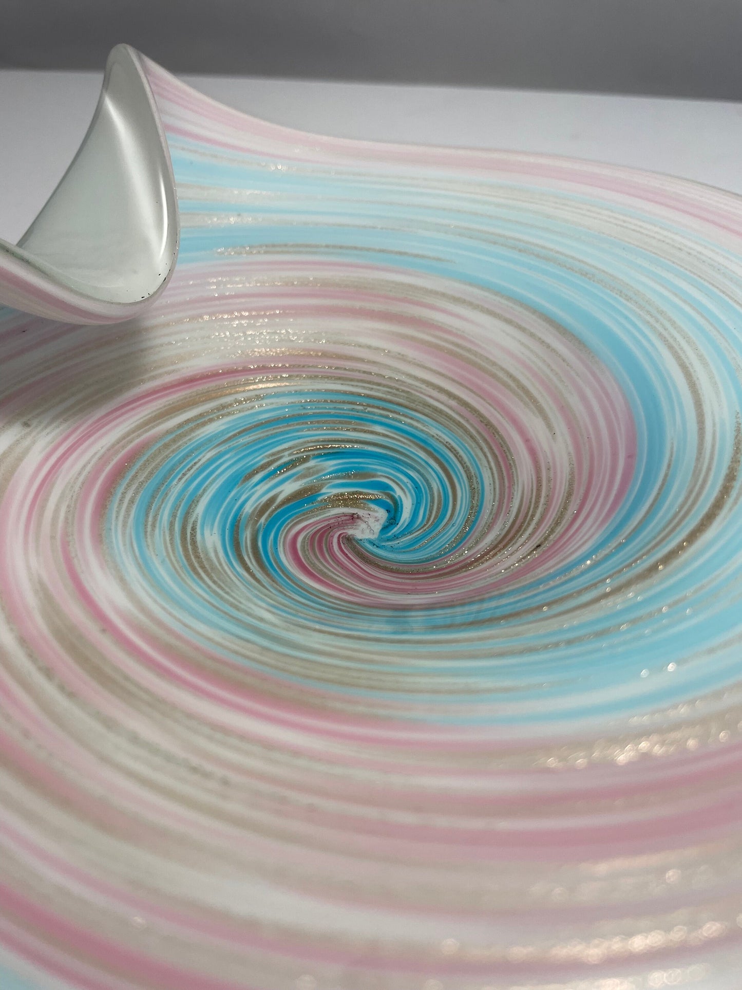 Vintage Blue, Pink, Brown, and White Cotton Candy Swirl Murano Glass Dish | Home Decor