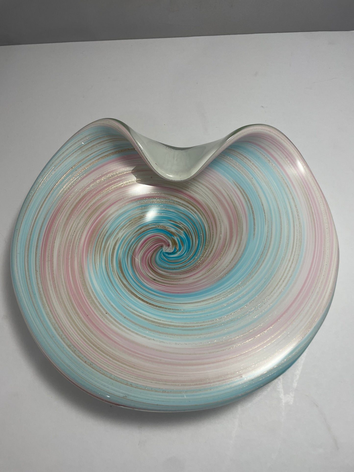 Vintage Blue, Pink, Brown, and White Cotton Candy Swirl Murano Glass Dish | Home Decor