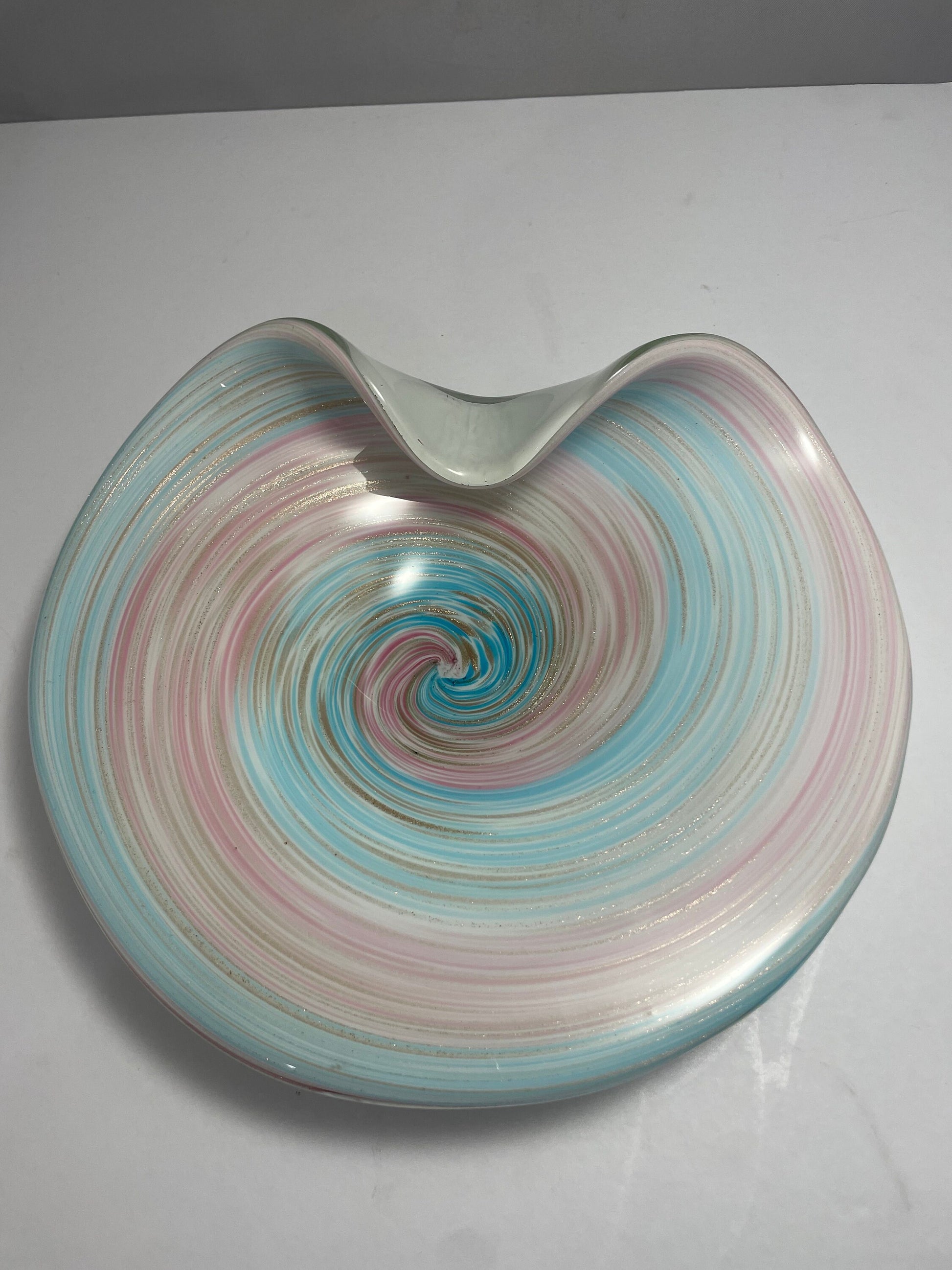 Vintage Blue, Pink, Brown, and White Cotton Candy Swirl Murano Glass Dish | Home Decor
