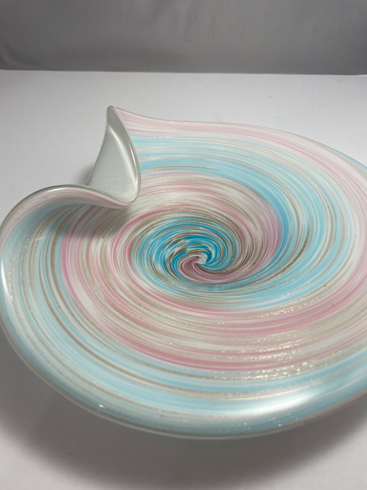 Vintage Blue, Pink, Brown, and White Cotton Candy Swirl Murano Glass Dish | Home Decor