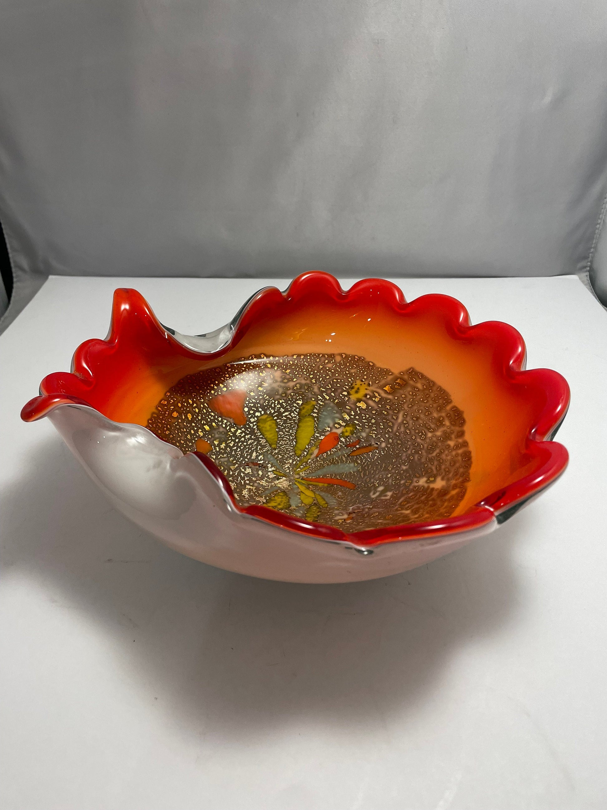 Mid Century Alfredo Barbini Venetian glass bowl, vibrant orange w/gold flecks throughout.