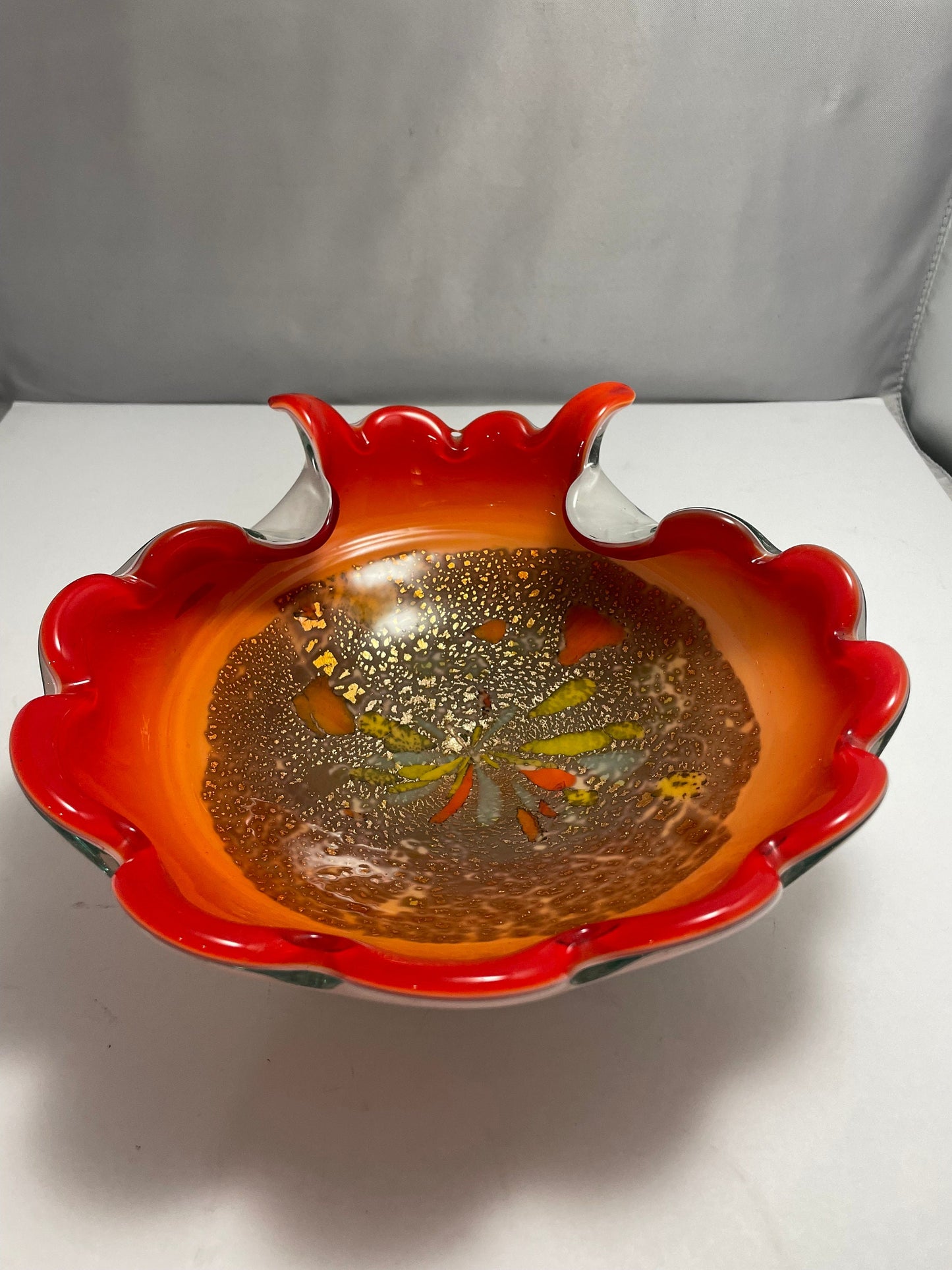 Mid Century Alfredo Barbini Venetian glass bowl, vibrant orange w/gold flecks throughout.