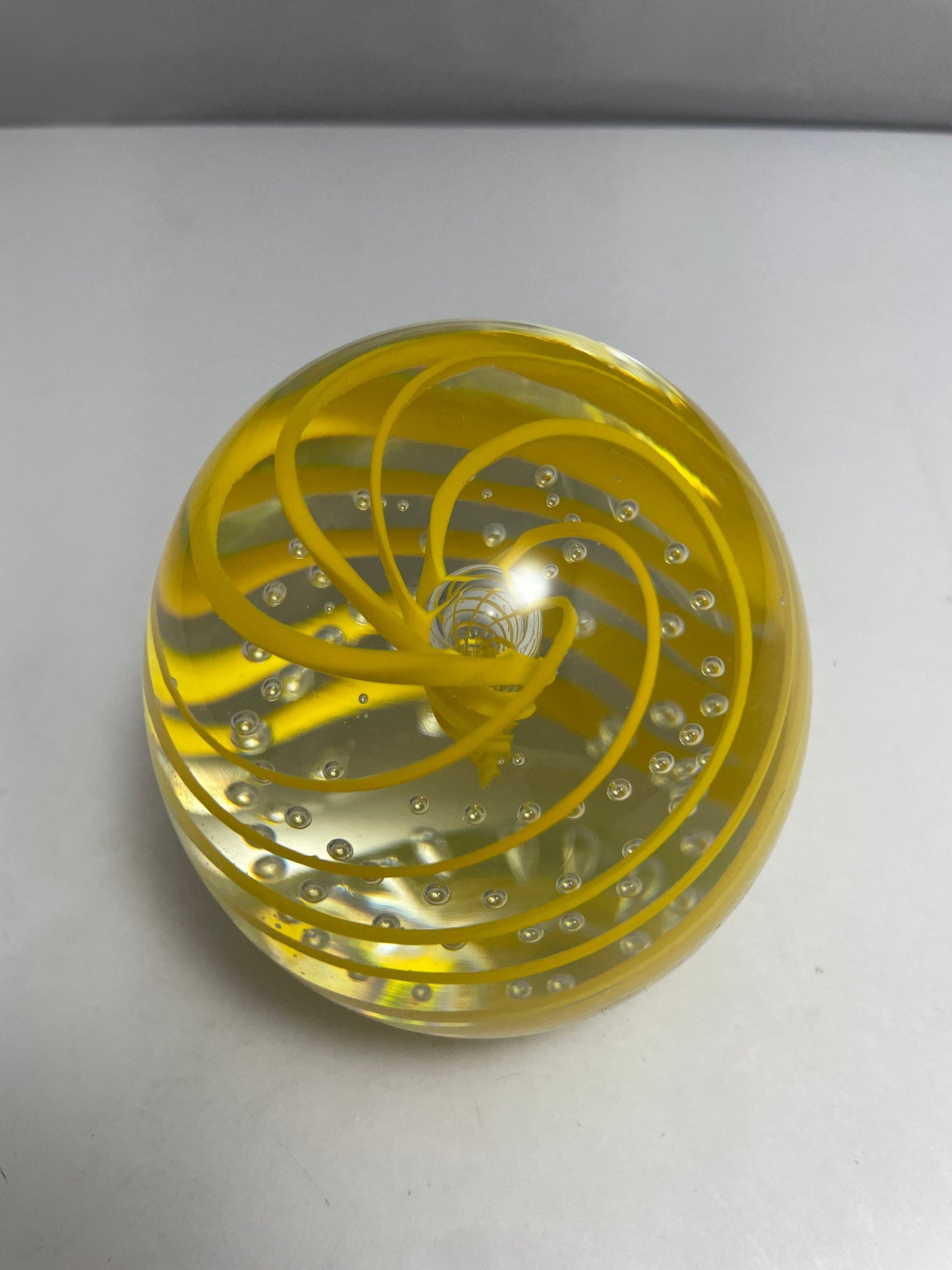 Vintage Murano Paperweight, Yellow White Swirl, Hand Blown Glass, Decorative Desk Art, Collectible