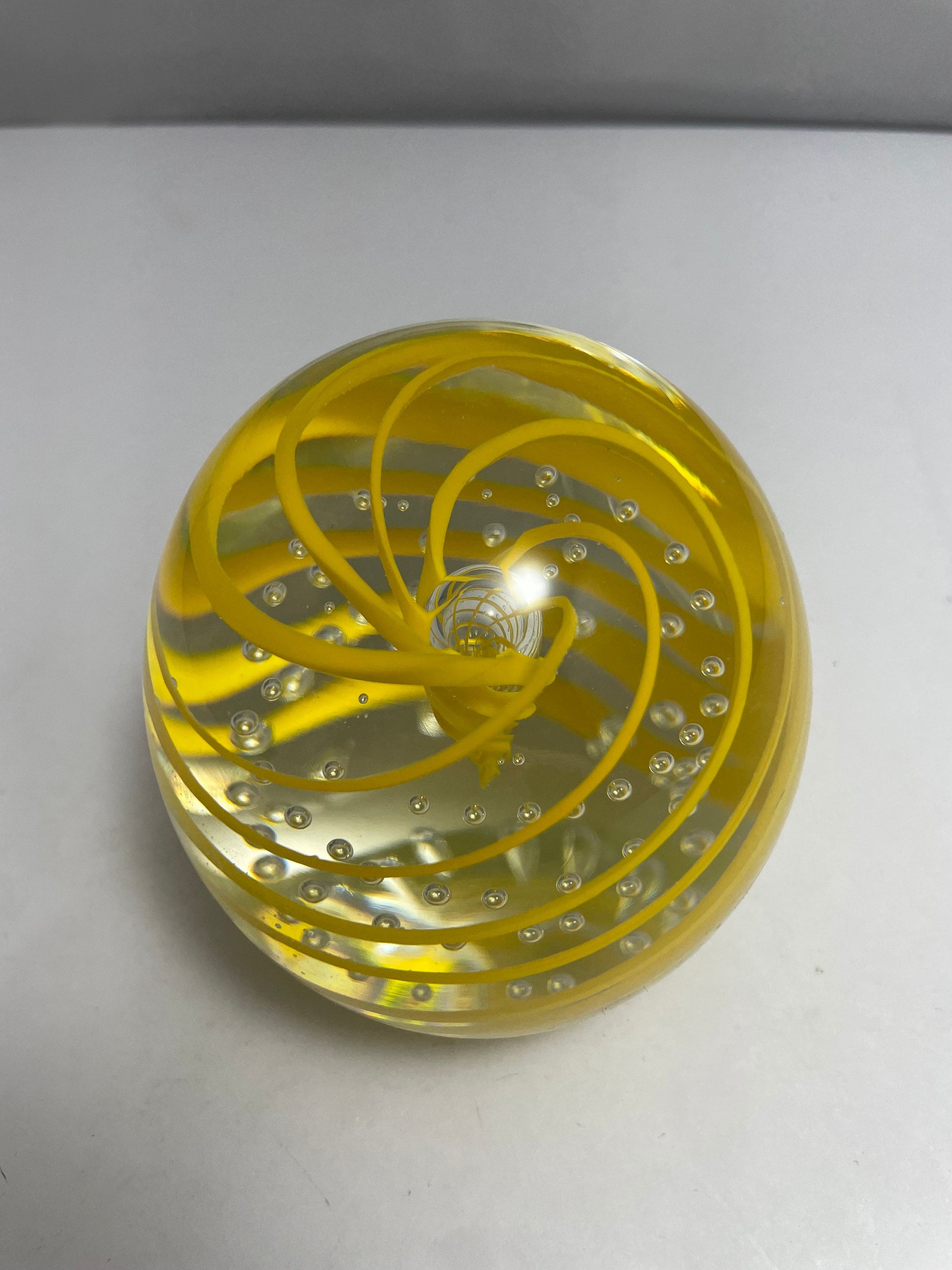 Vintage Murano Paperweight, Yellow White Swirl, Hand Blown Glass, Decorative Desk Art, Collectible