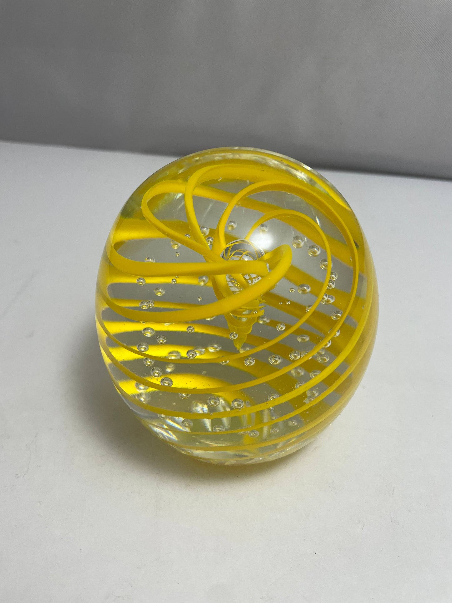 Vintage Murano Paperweight, Yellow White Swirl, Hand Blown Glass, Decorative Desk Art, Collectible