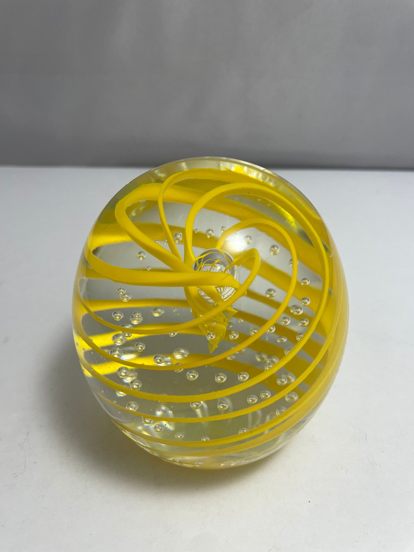 Vintage Murano Paperweight, Yellow White Swirl, Hand Blown Glass, Decorative Desk Art, Collectible