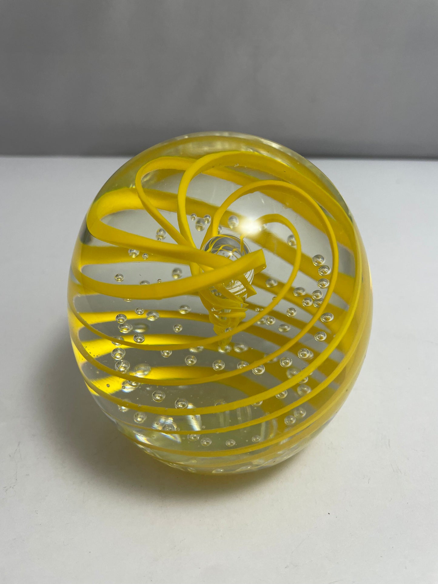Vintage Murano Paperweight, Yellow White Swirl, Hand Blown Glass, Decorative Desk Art, Collectible