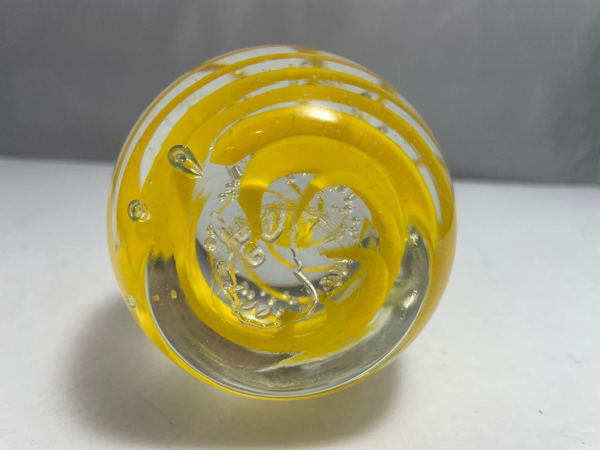 Vintage Murano Paperweight, Yellow White Swirl, Hand Blown Glass, Decorative Desk Art, Collectible