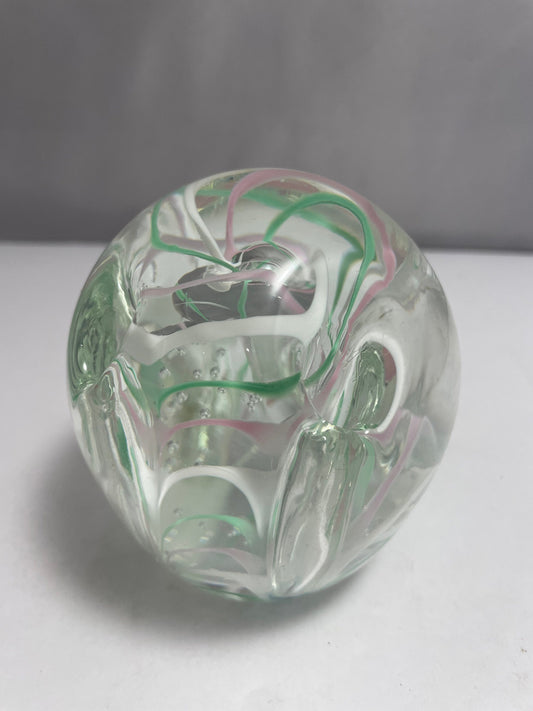 Vintage Murano Pink, Green, and White Uniquely Designed Paperweight