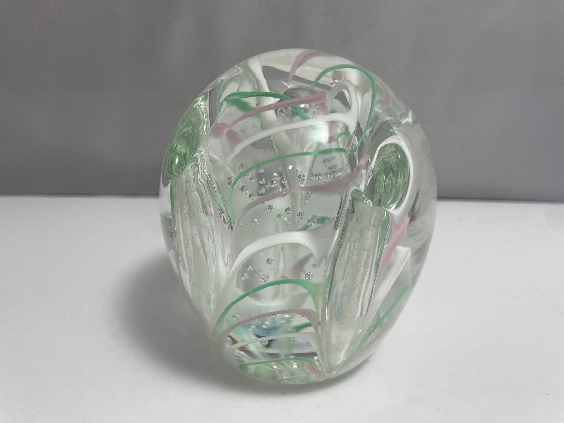Vintage Murano Pink, Green, and White Uniquely Designed Paperweight