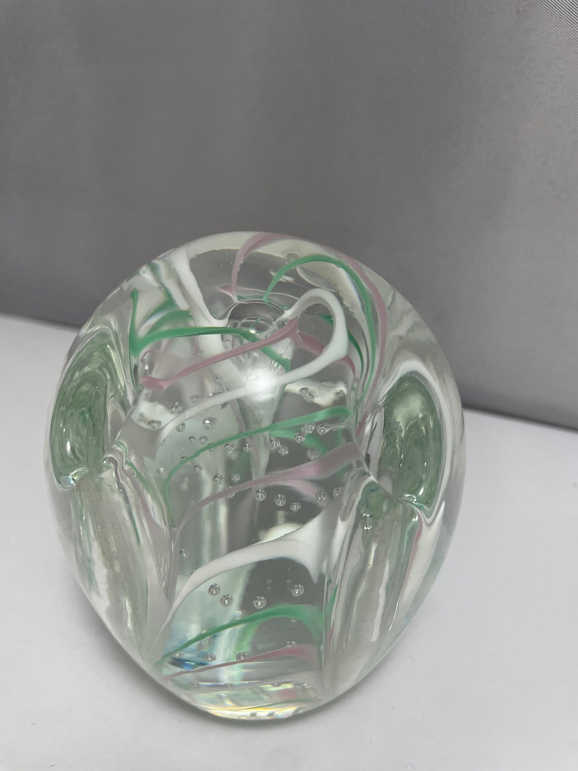 Vintage Murano Pink, Green, and White Uniquely Designed Paperweight
