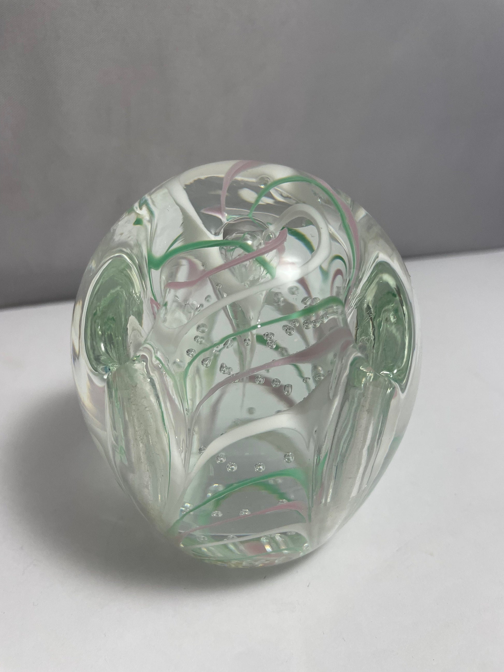 Vintage Murano Pink, Green, and White Uniquely Designed Paperweight